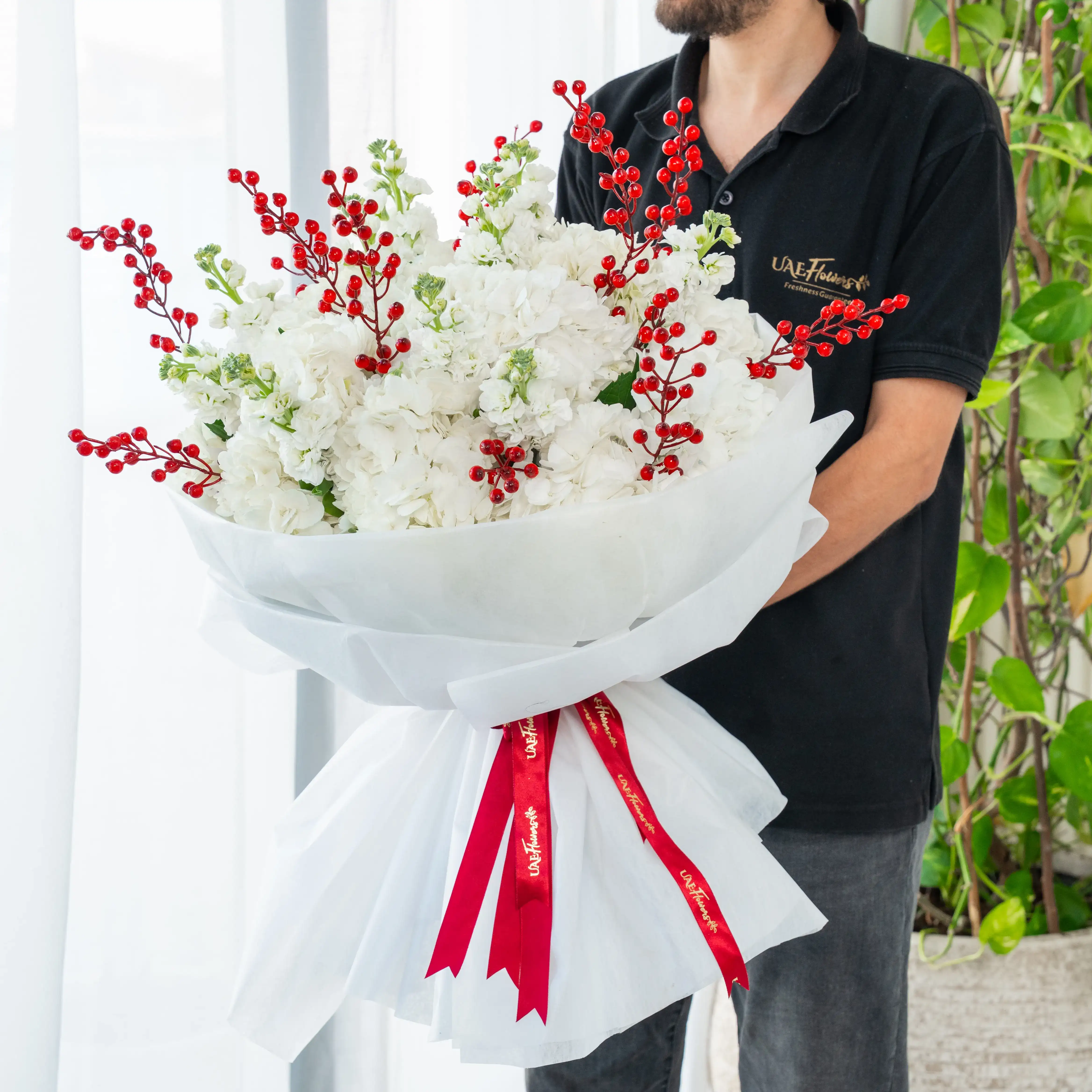 White Xmas Bouquet with Red Berries