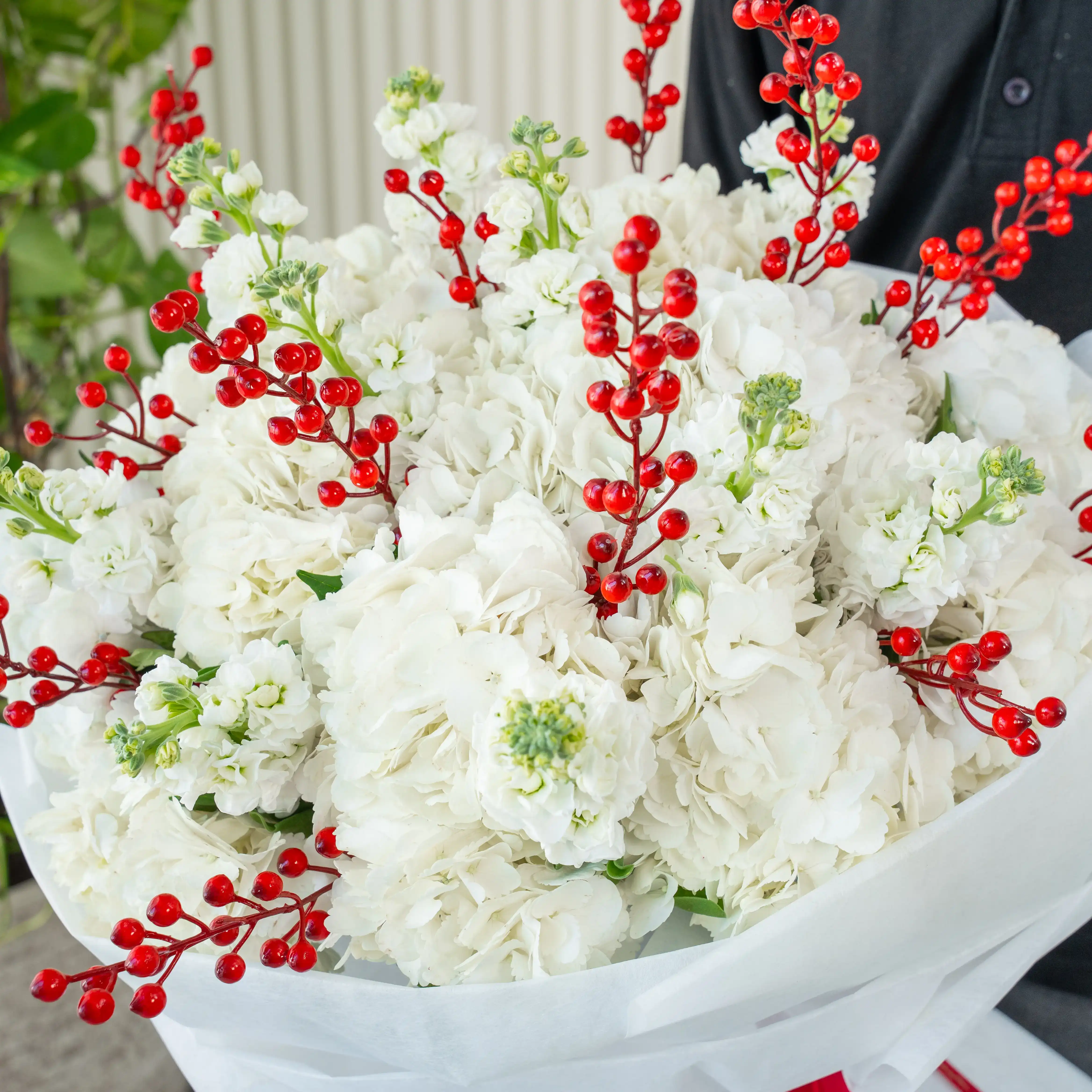 White Xmas Bouquet with Red Berries