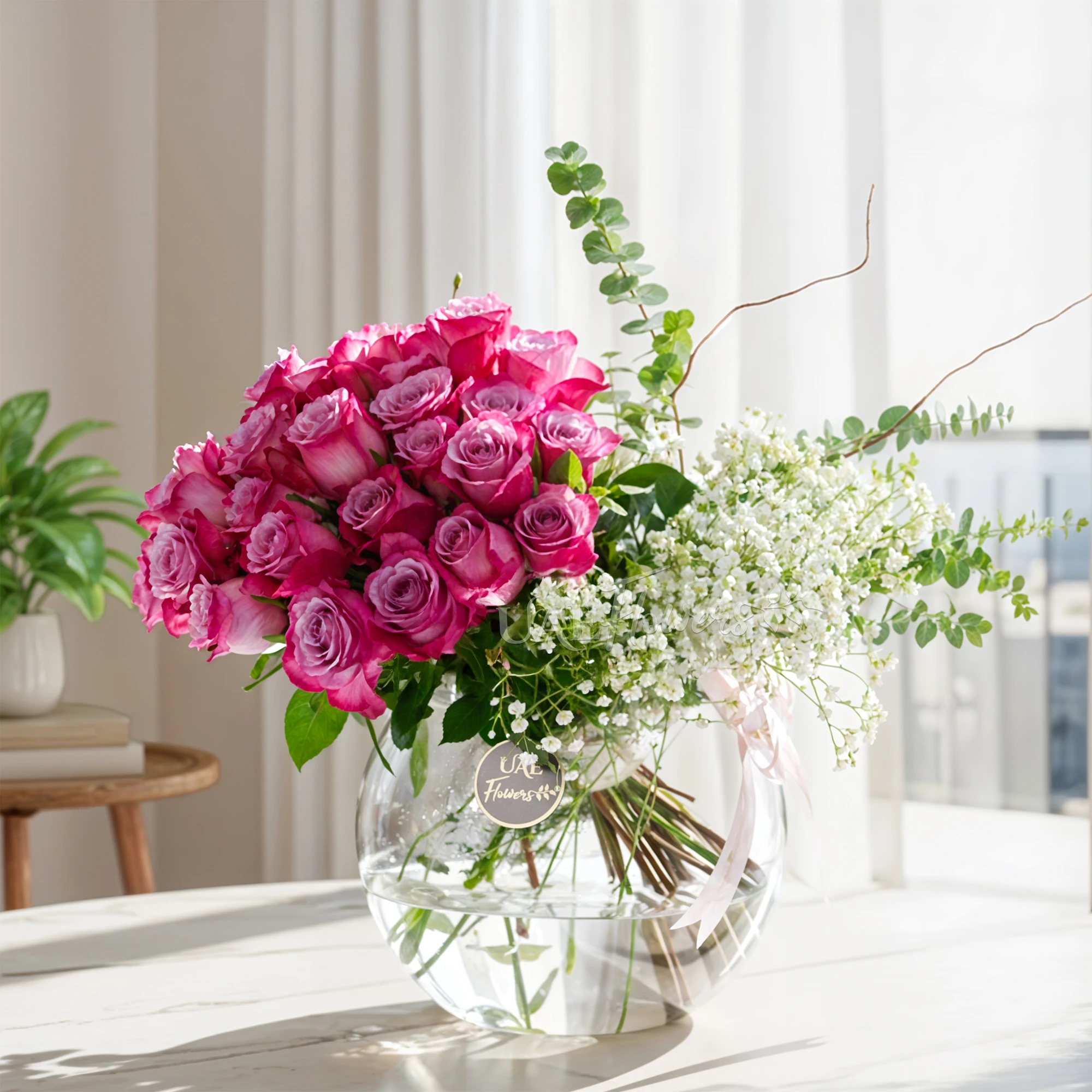 40 purple roses, baby’s breath,