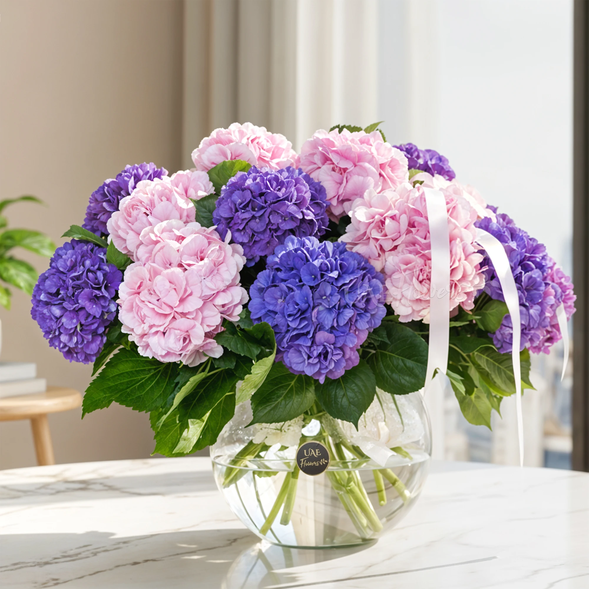 7 purple and 7 pink hydrangeas