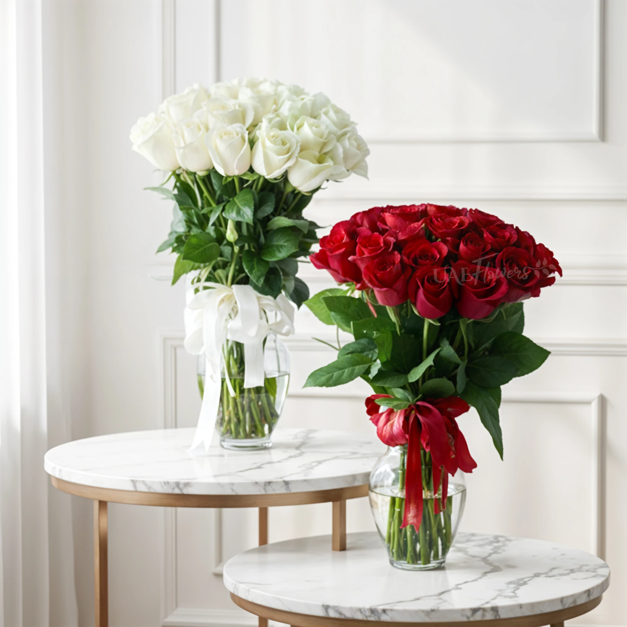 twin vases of 40 red & 40 white roses with fillers