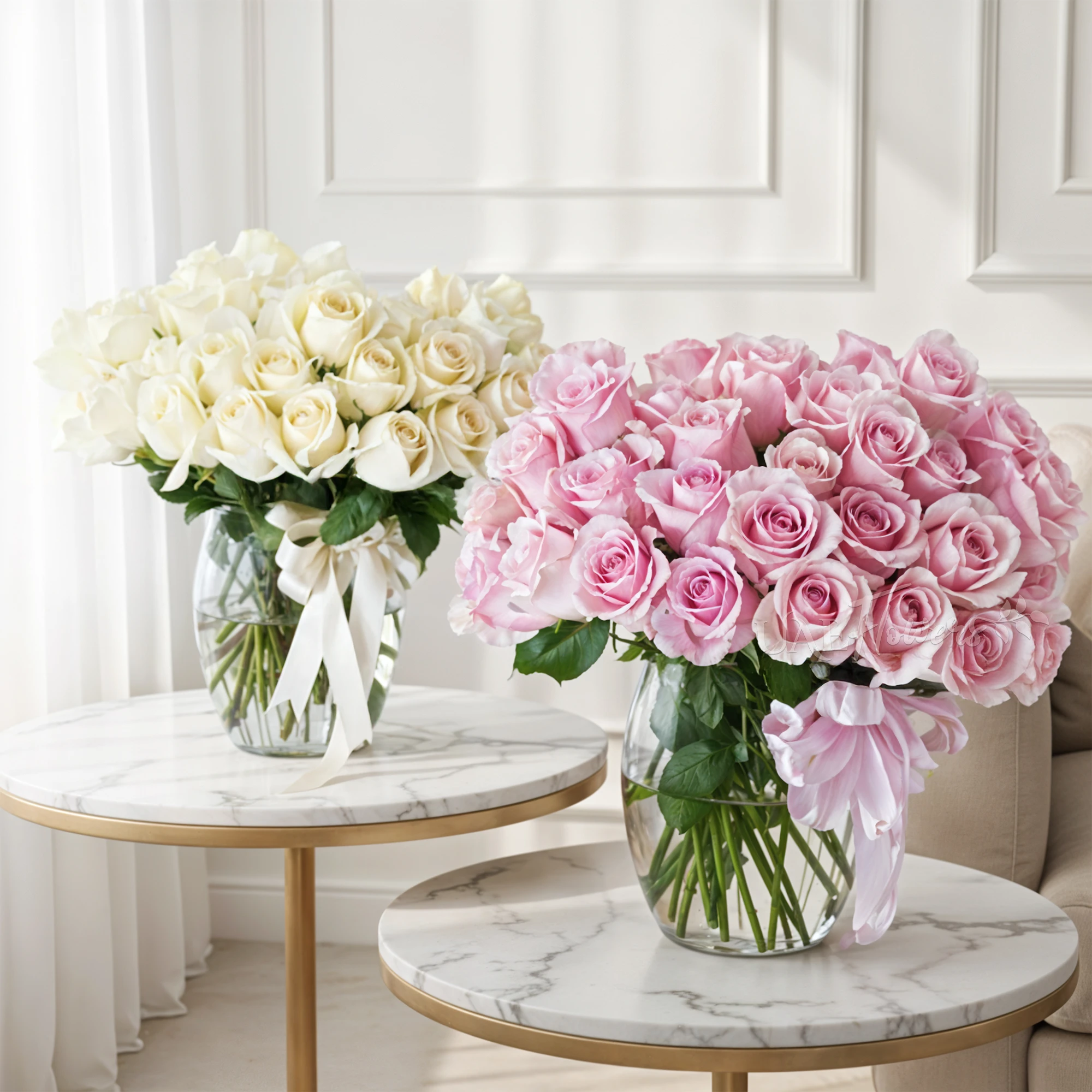 White & Pink Roses in a glass vase