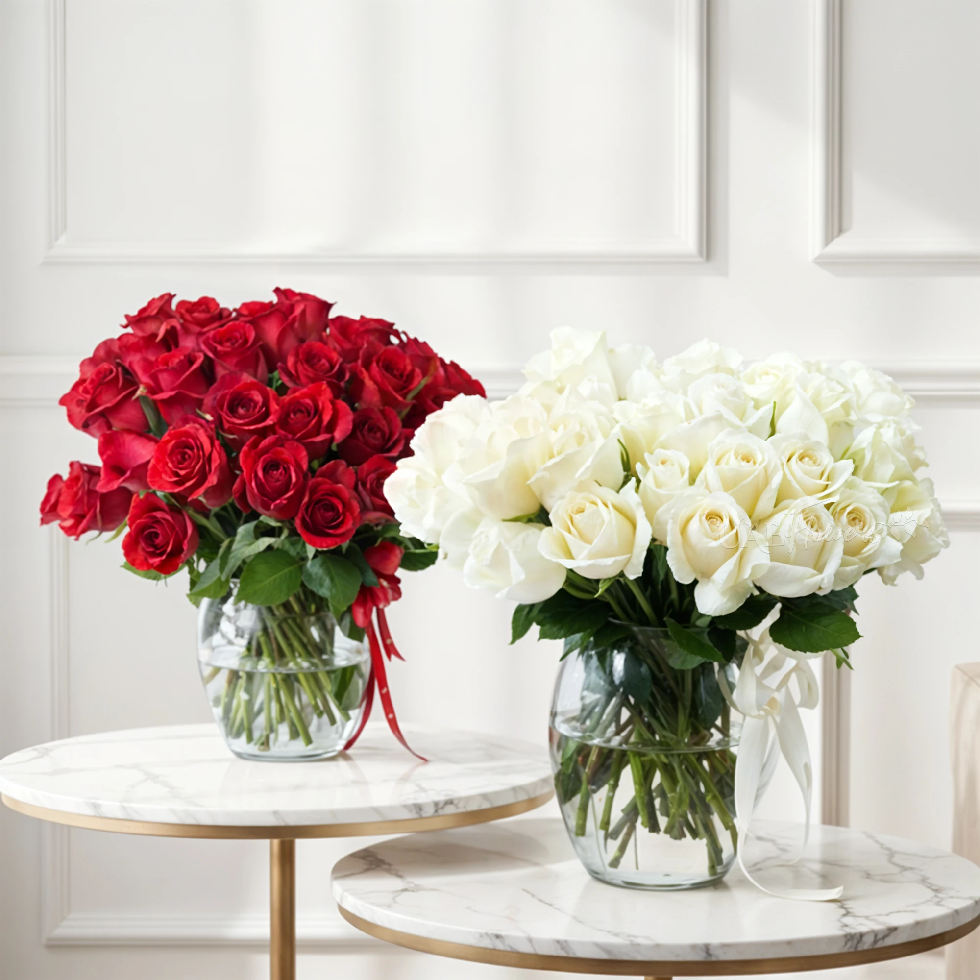two vases with 50 red roses and 50 white roses arranged with fillers