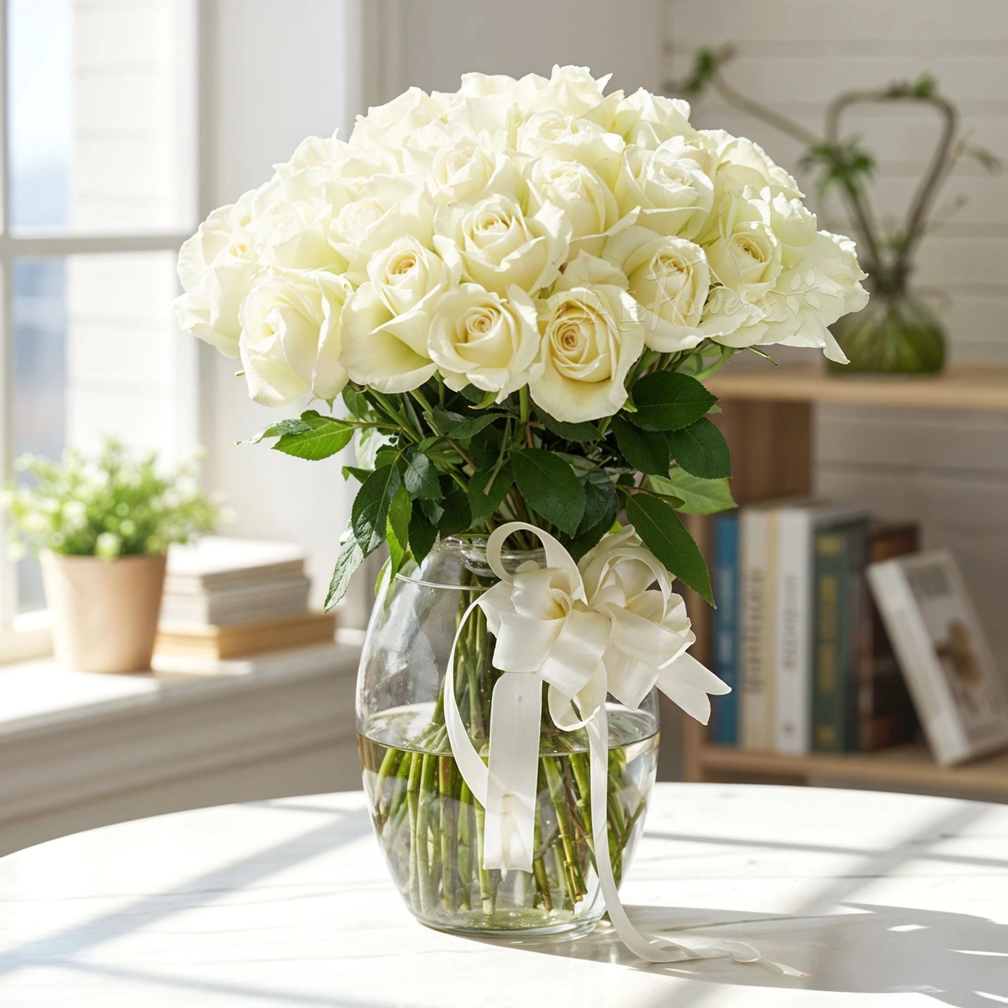 Elegant vase arrangement of 40 white roses with green fillers and satin ribbons, symbolizing purity, grace, and heartfelt sentiments.