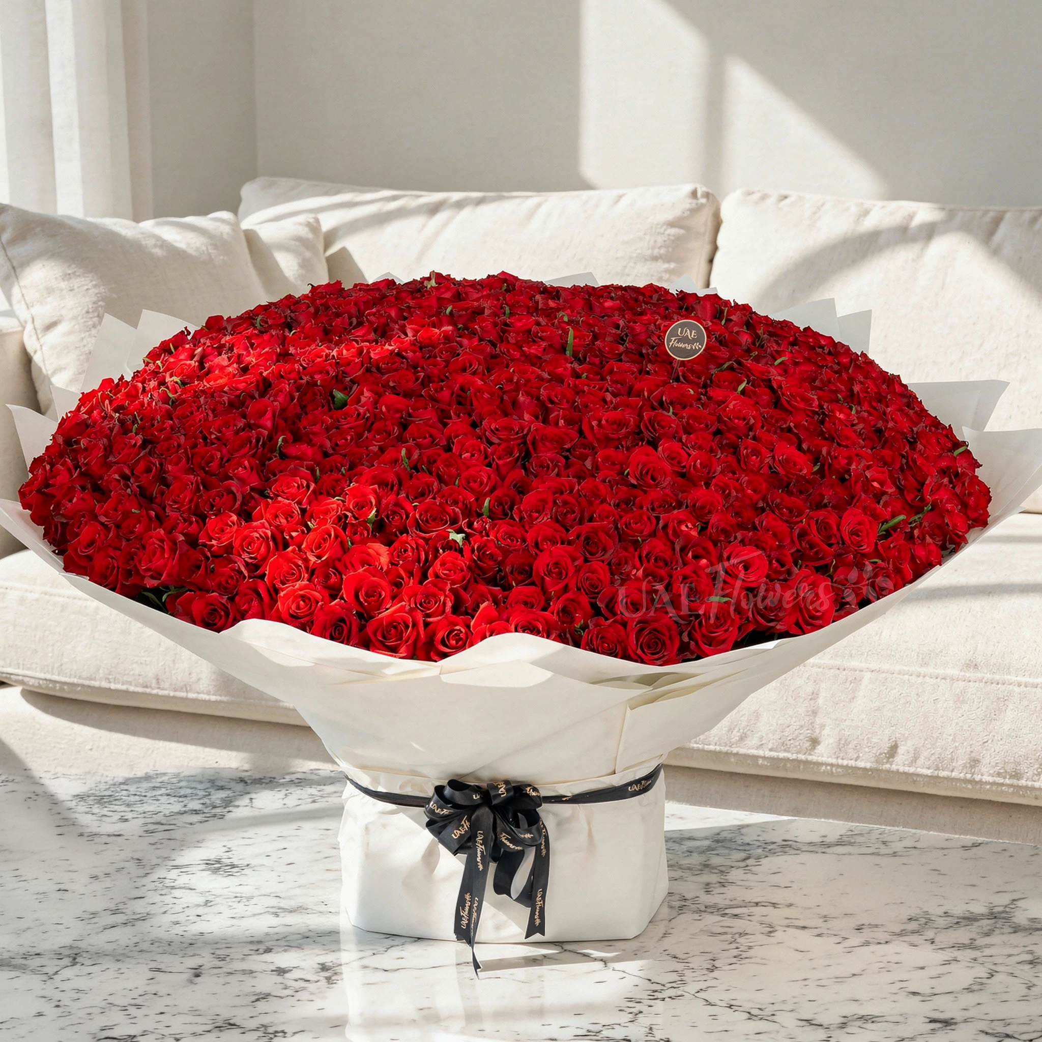 Bouquet of 1000 red roses in white wrapping paper tied with black ribbon.