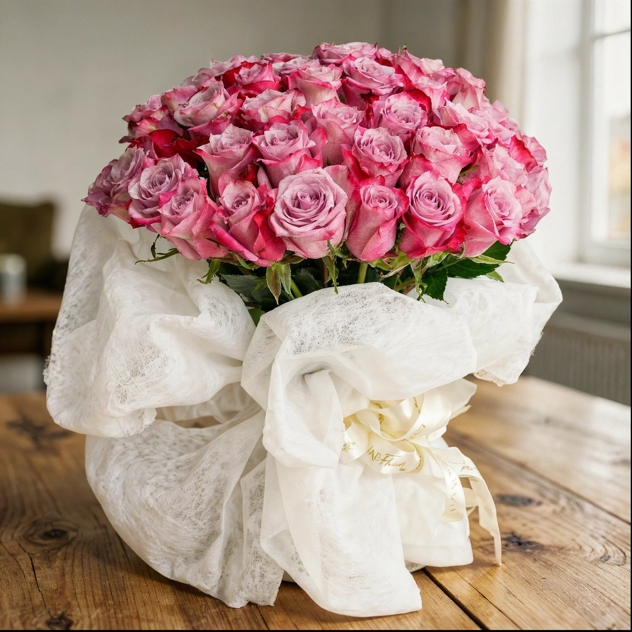 40 purple roses with green fillers, wrapped in white paper and tied with a white ribbon