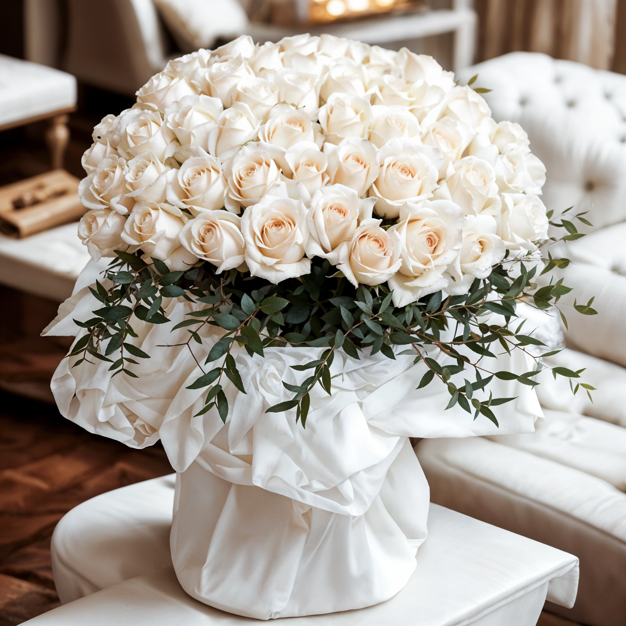 A bouquet of 40 white roses with greens in white and black wrapping paper tied with a white ribbon