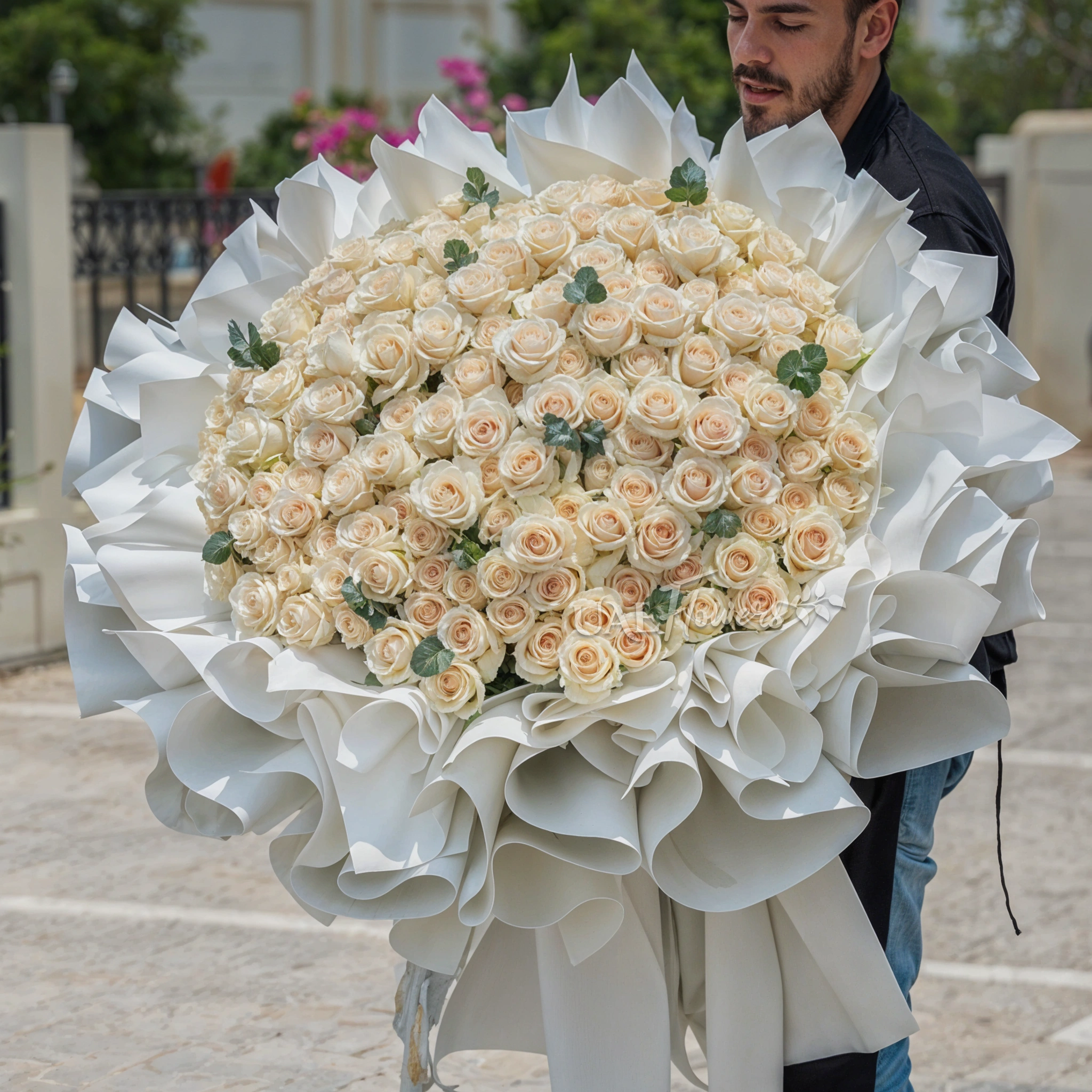 Grand bouquet of 200 cream roses with greens in nice wrapping.