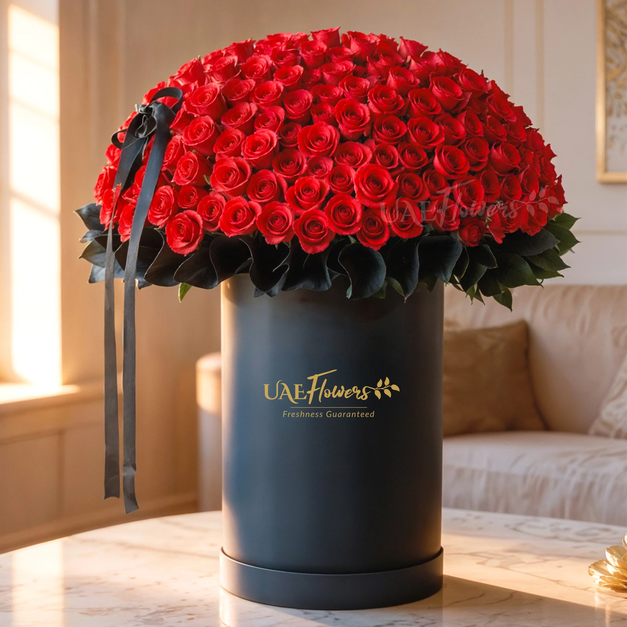 Full round arrangement of 300 red roses in a tall round box.