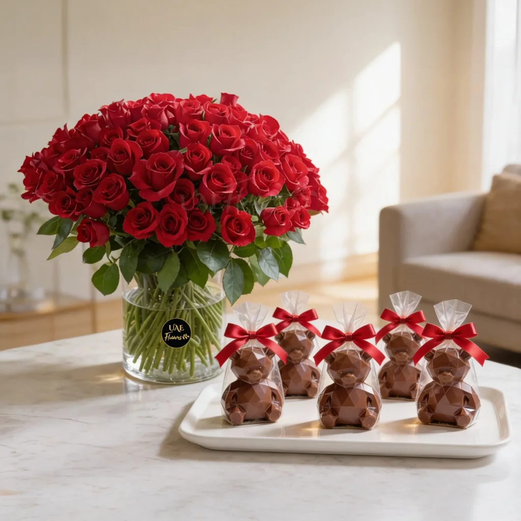 100 Red Roses With 5pcs Teddy Chocolate