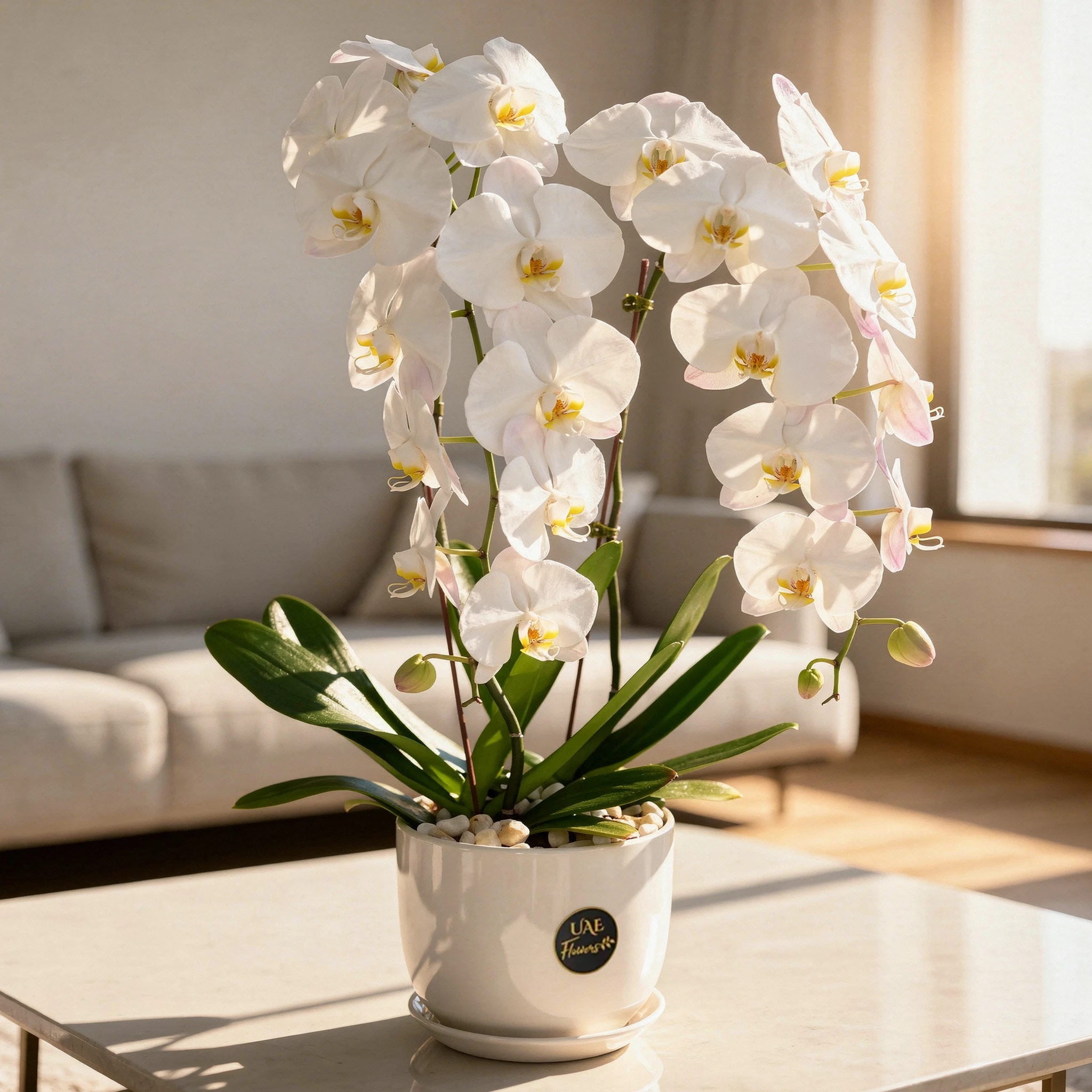 2 white phalaenopsis orchid plants in a white pot