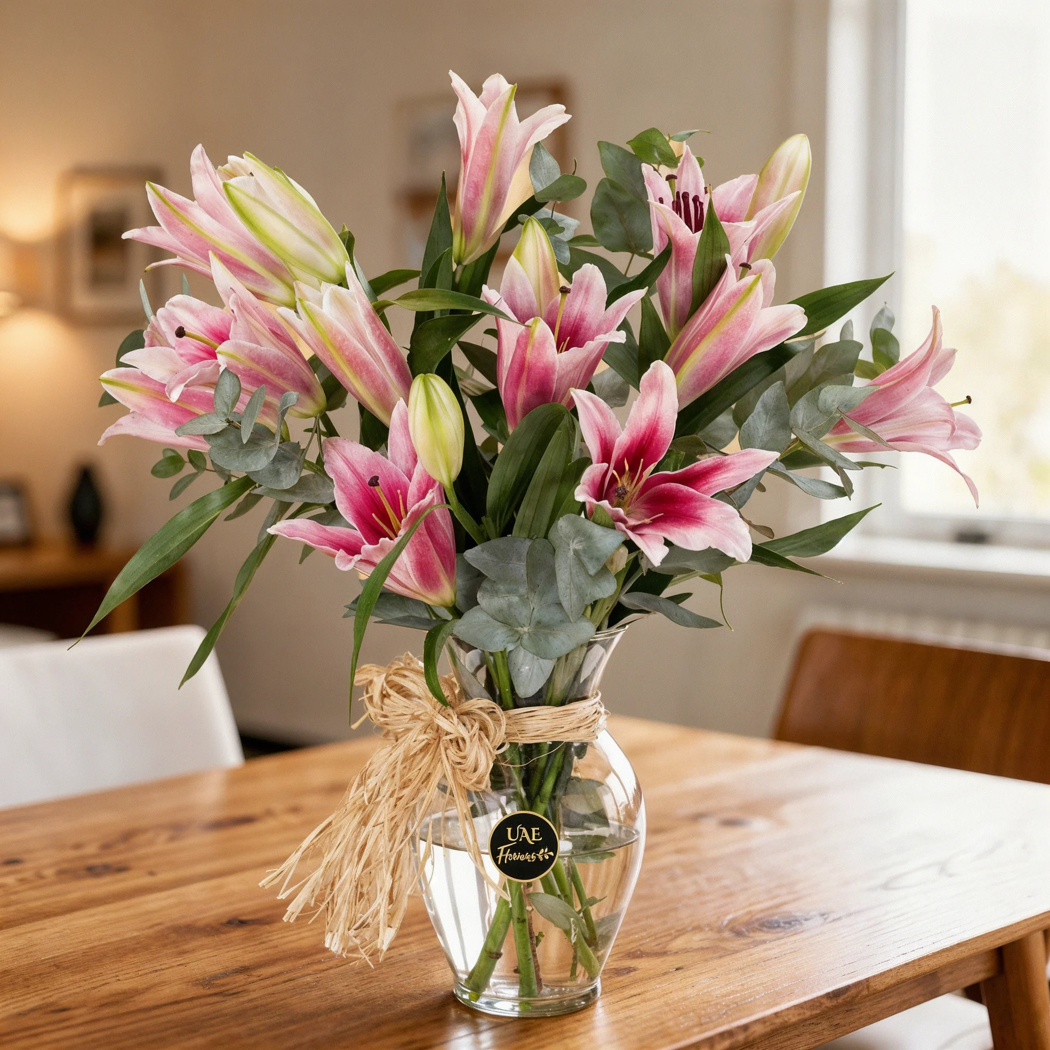 5 pink lilies with fillers in a glass vase