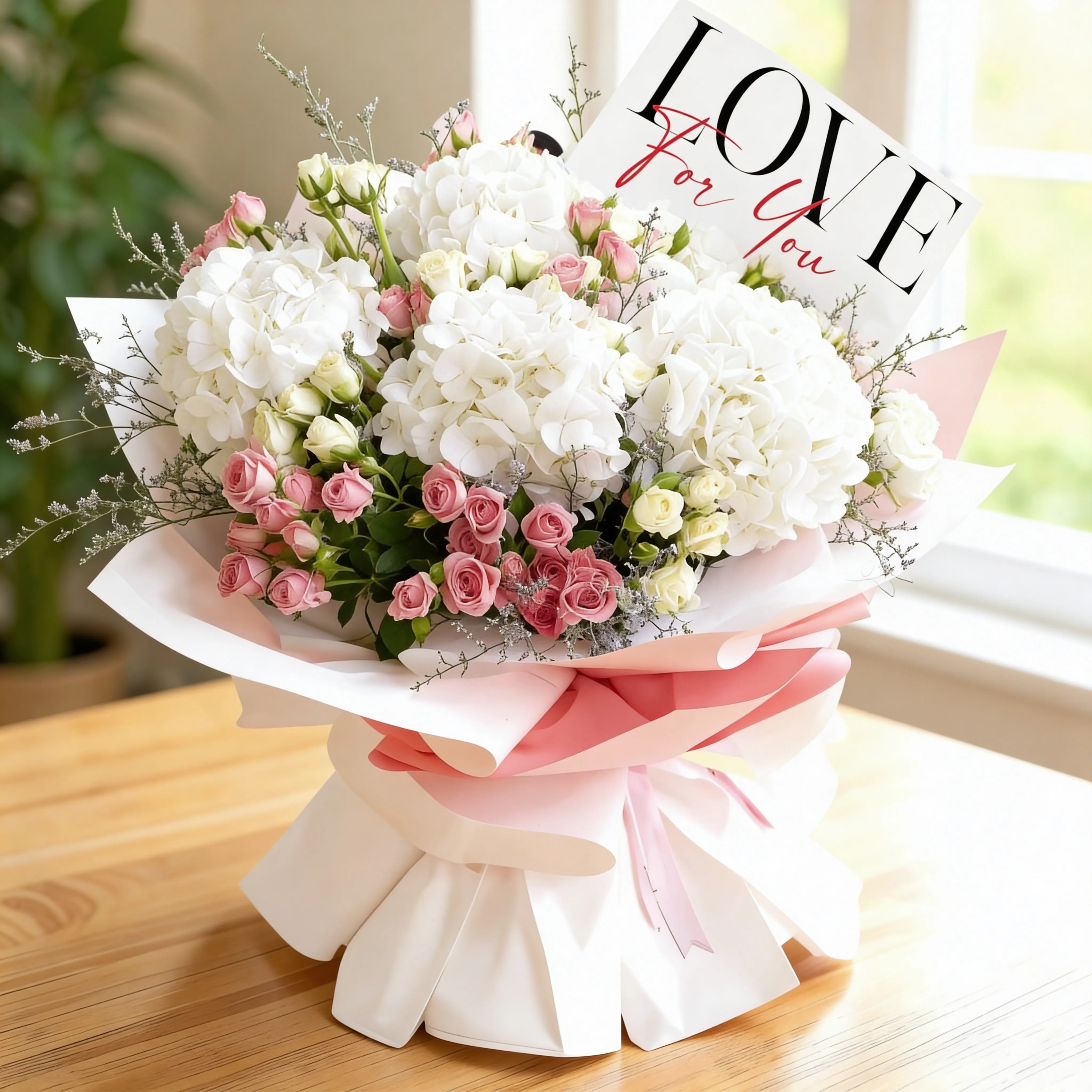 bouquet with 5 pink hydrangeas, 10 pink and white spray roses, and green fillers.