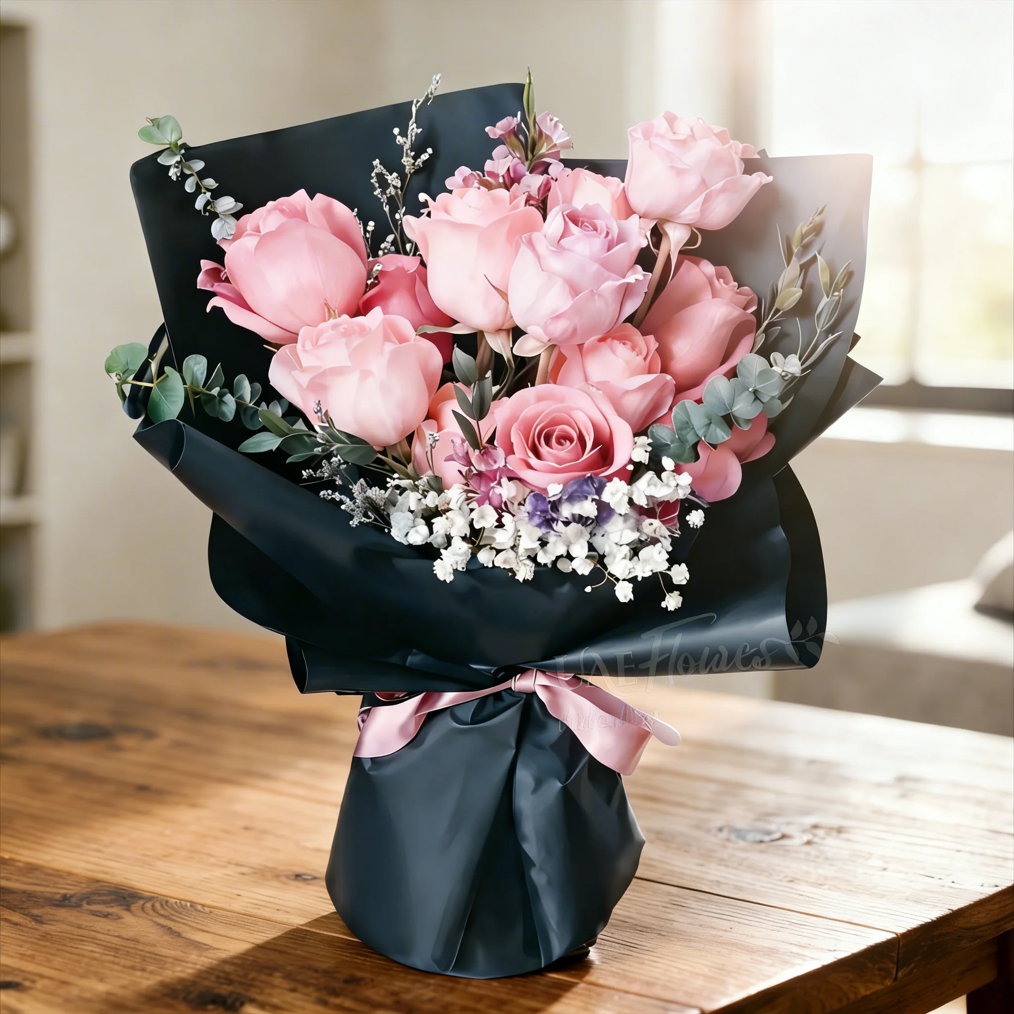 A bouquet of 12 pink roses with fillers in pink wrapping paper tied with pink ribbon A bouquet of 12 pink roses with fillers in pink wrapping paper tied with pink ribbon