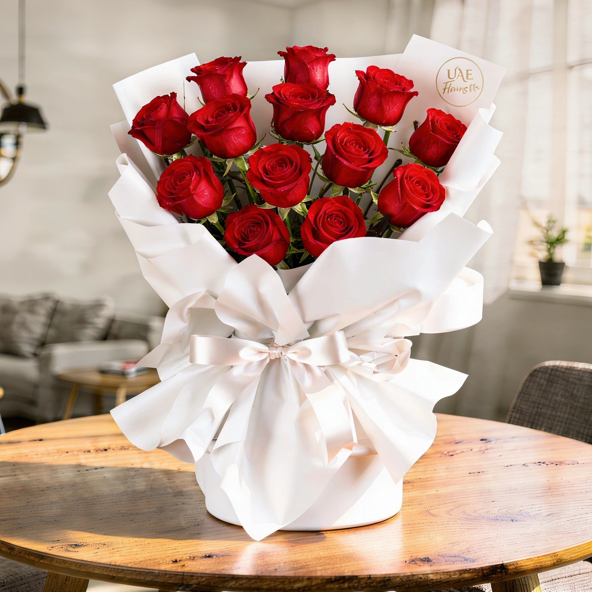 A bouquet of 12 red roses with green fillers in black and gold wrapping paper tied with red ribbon.