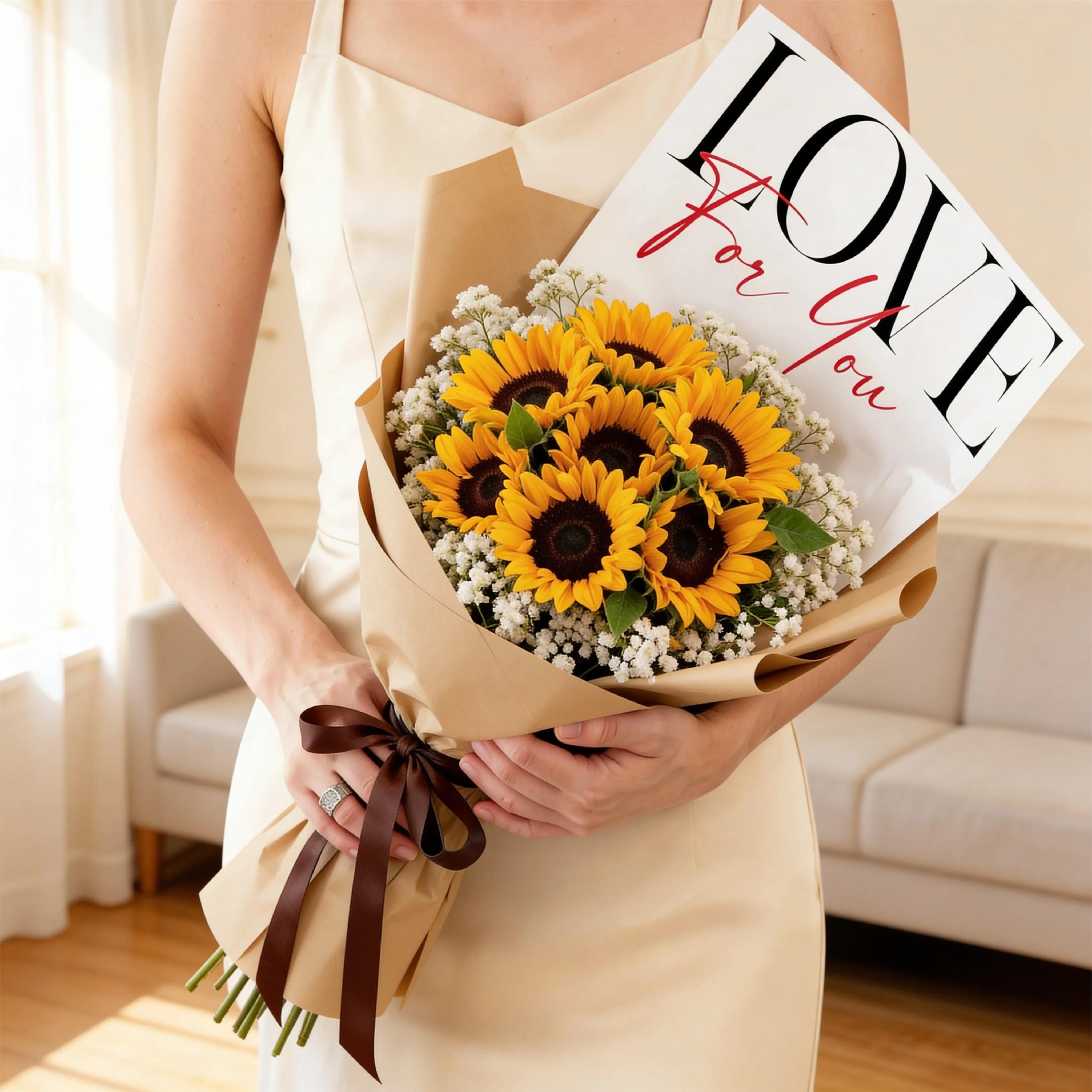 A bouquet of 10 sunflowers with fillers in a white wrapping paper tied with yellow ribbon