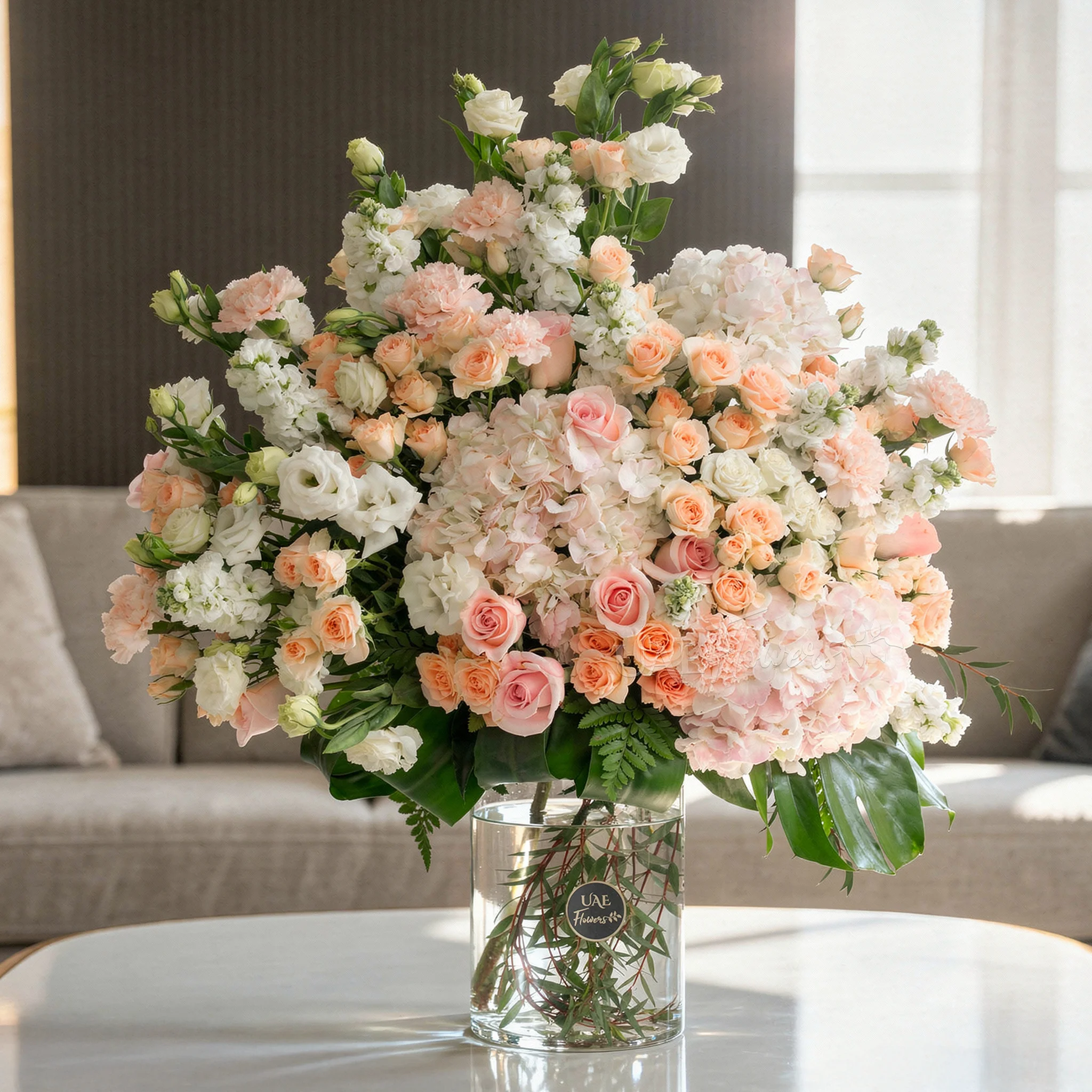 10 white lisianthus, 10 white matthiola, 10 peach roses, 10 pink carnations, 15 pink spray roses and 3 pink hydrangeas with green fillers in a glass vase.