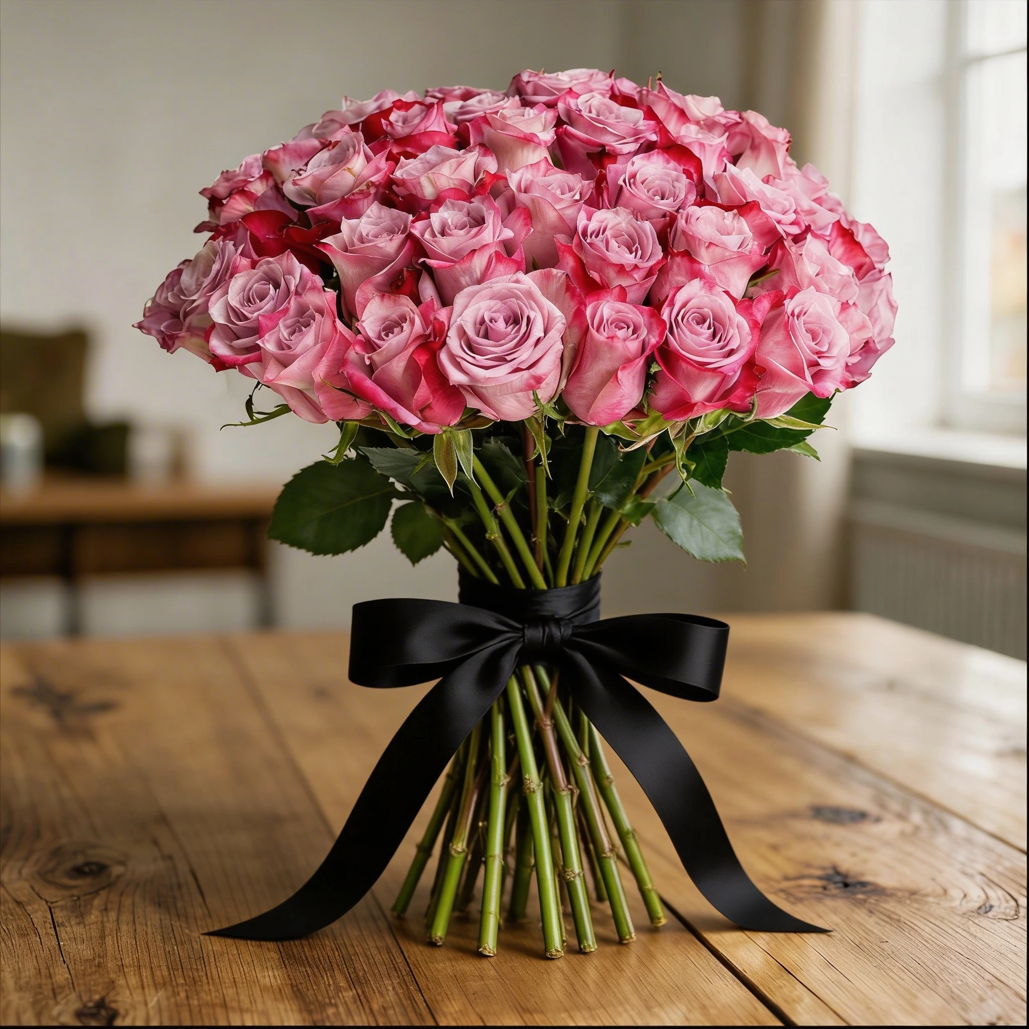 40 purple roses with green fillers, wrapped in white paper and tied with a white ribbon