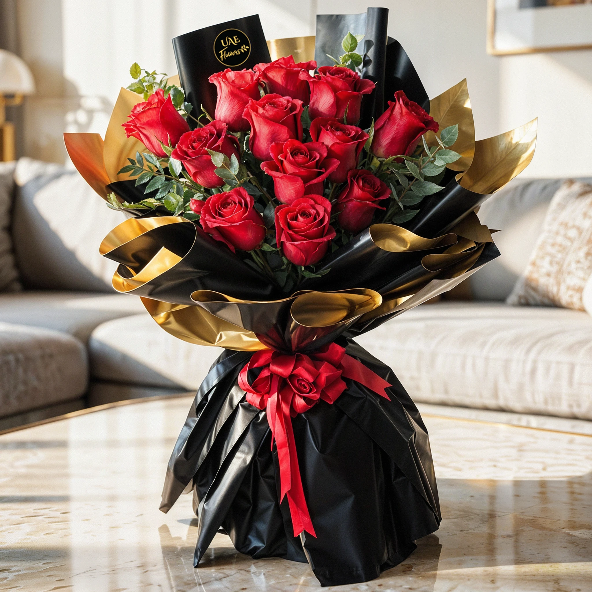 A bouquet of 12 red roses with green fillers in black and gold wrapping paper tied with red ribbon.
