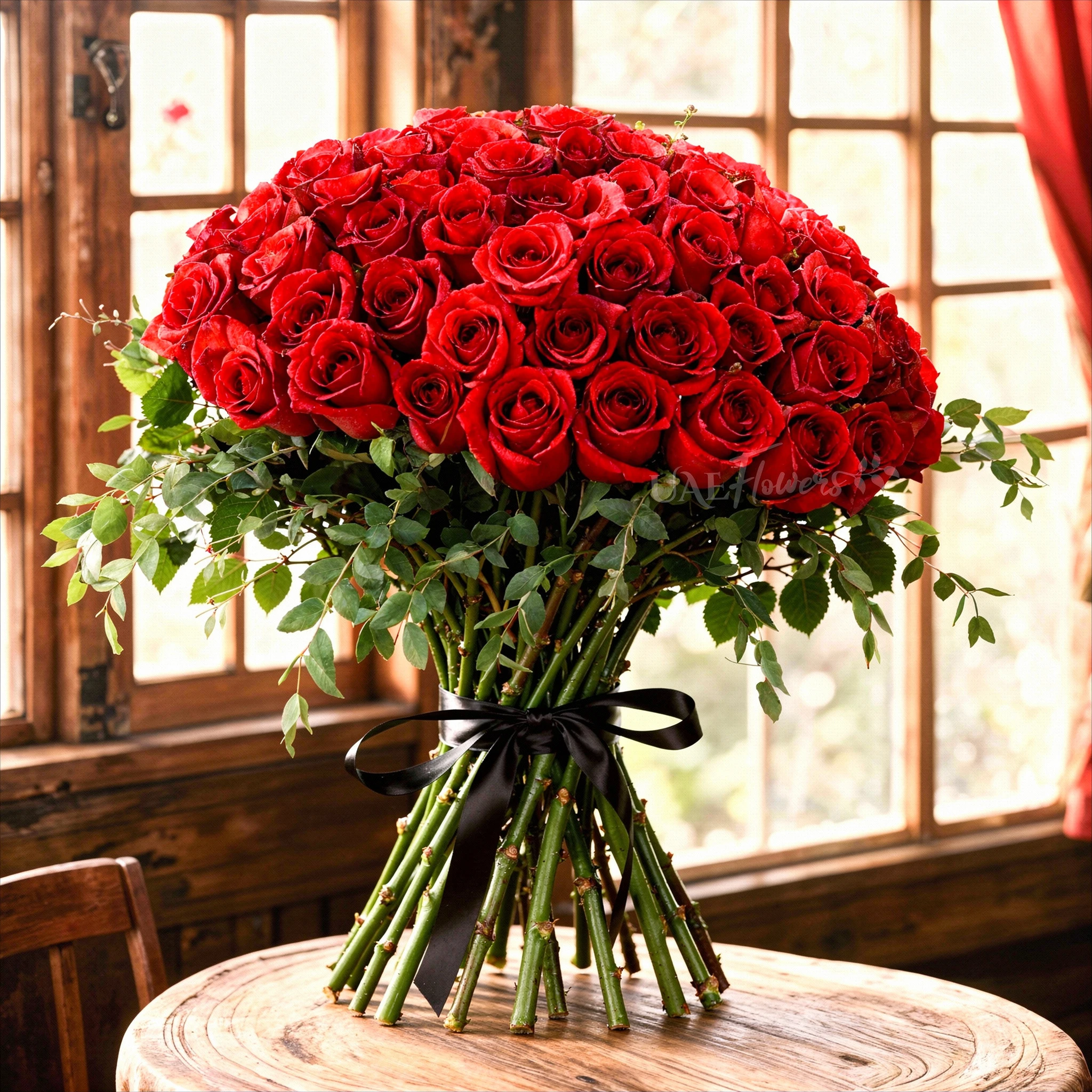 Bouquet of 40 Red Roses with green fillers in red wrapping.