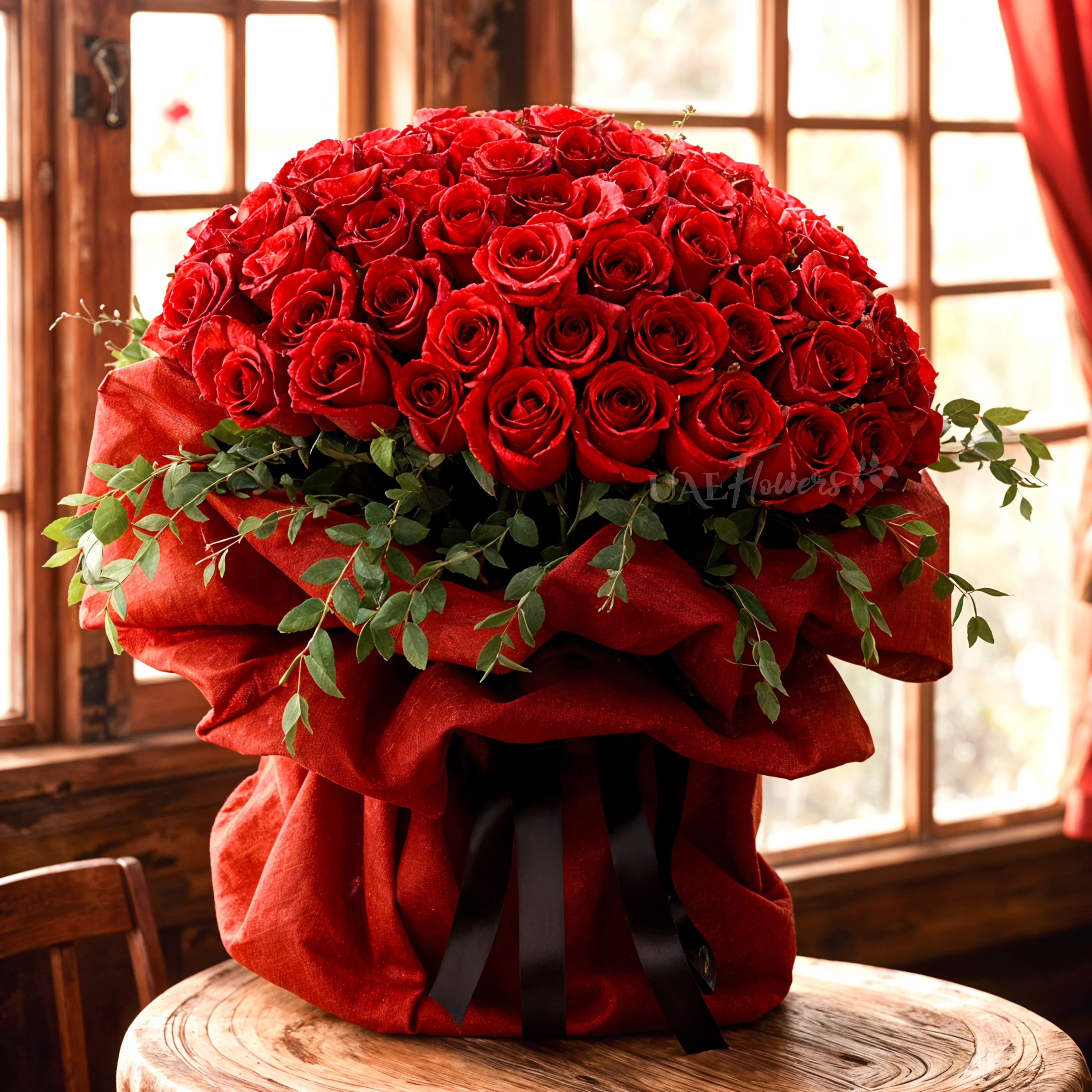 A large bouquet featuring 40 vibrant red roses paired with delicate gypsophila (baby's breath) elegantly wrapped in cream-colored paper and tied with a bold red ribbon, sitting on a table in a modern