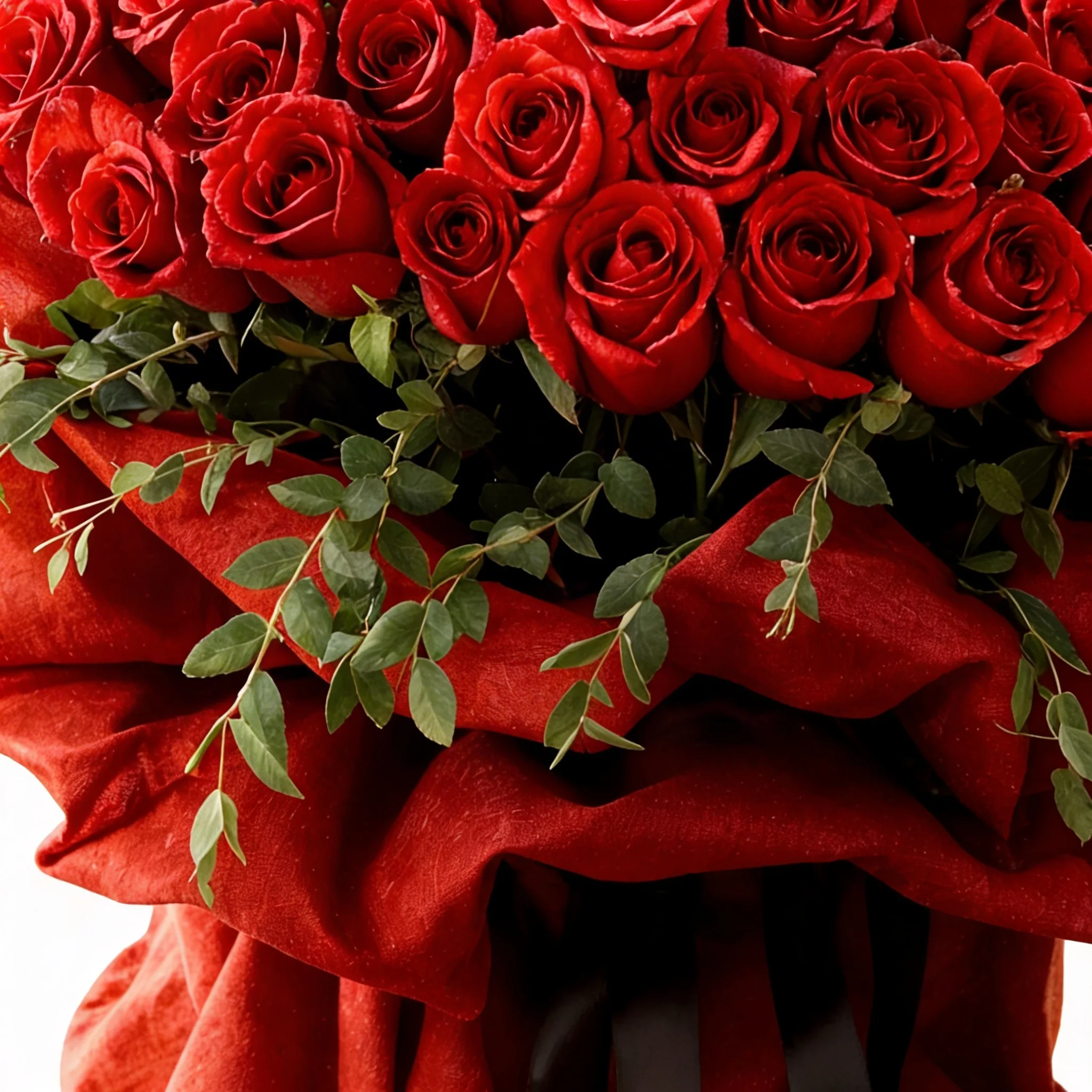 A large bouquet featuring 40 vibrant red roses paired with delicate gypsophila (baby's breath) elegantly wrapped in cream-colored paper and tied with a bold red ribbon, sitting on a table in a modern