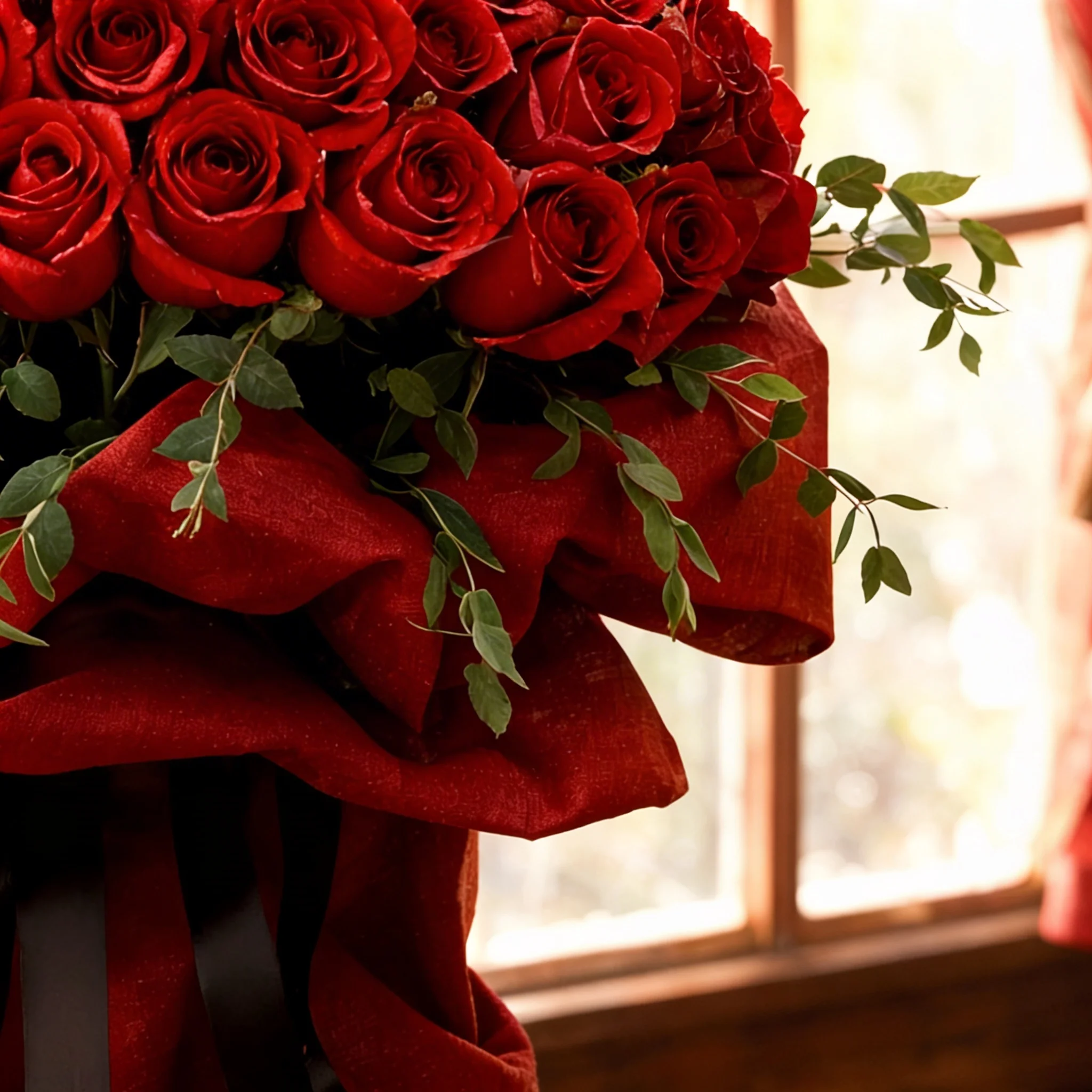 A large bouquet featuring 40 vibrant red roses paired with delicate gypsophila (baby's breath) elegantly wrapped in cream-colored paper and tied with a bold red ribbon, sitting on a table in a modern