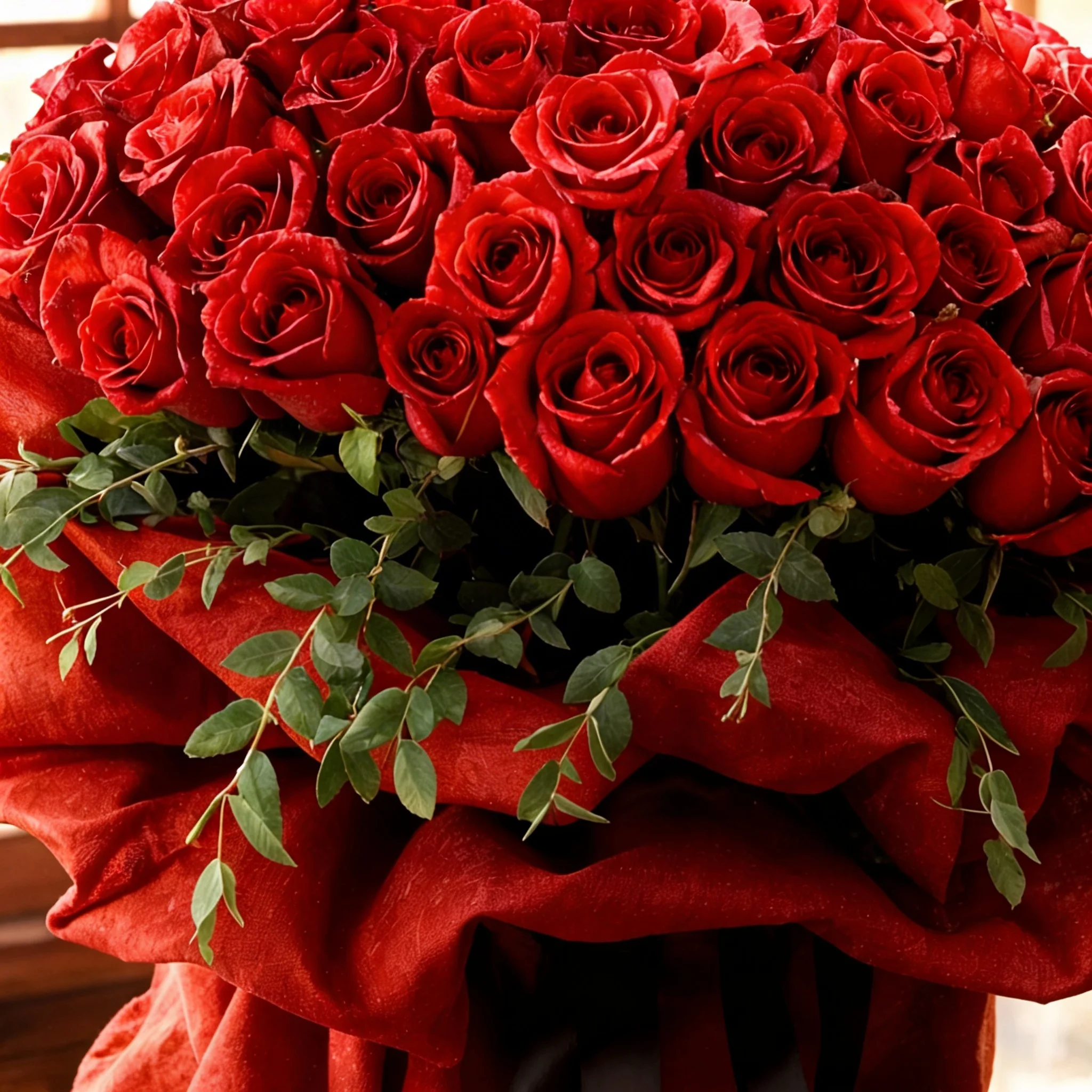 A large bouquet featuring 40 vibrant red roses paired with delicate gypsophila (baby's breath) elegantly wrapped in cream-colored paper and tied with a bold red ribbon, sitting on a table in a modern