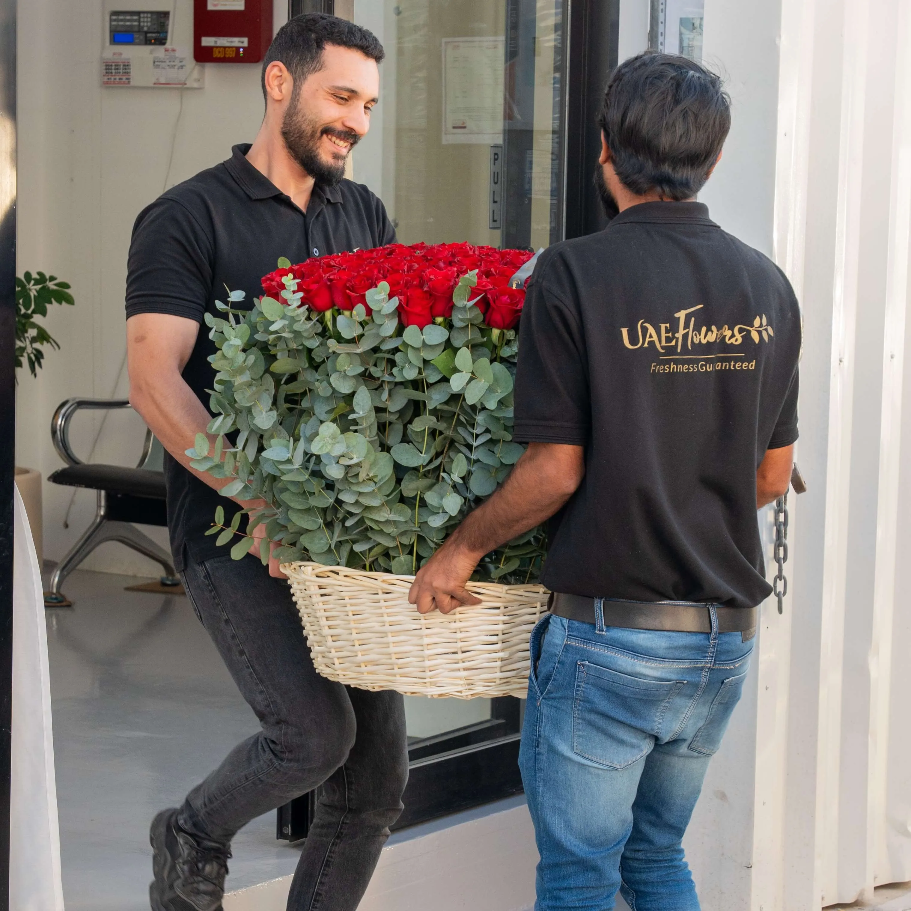 150 red roses with eucalyptus leaf in a basket.