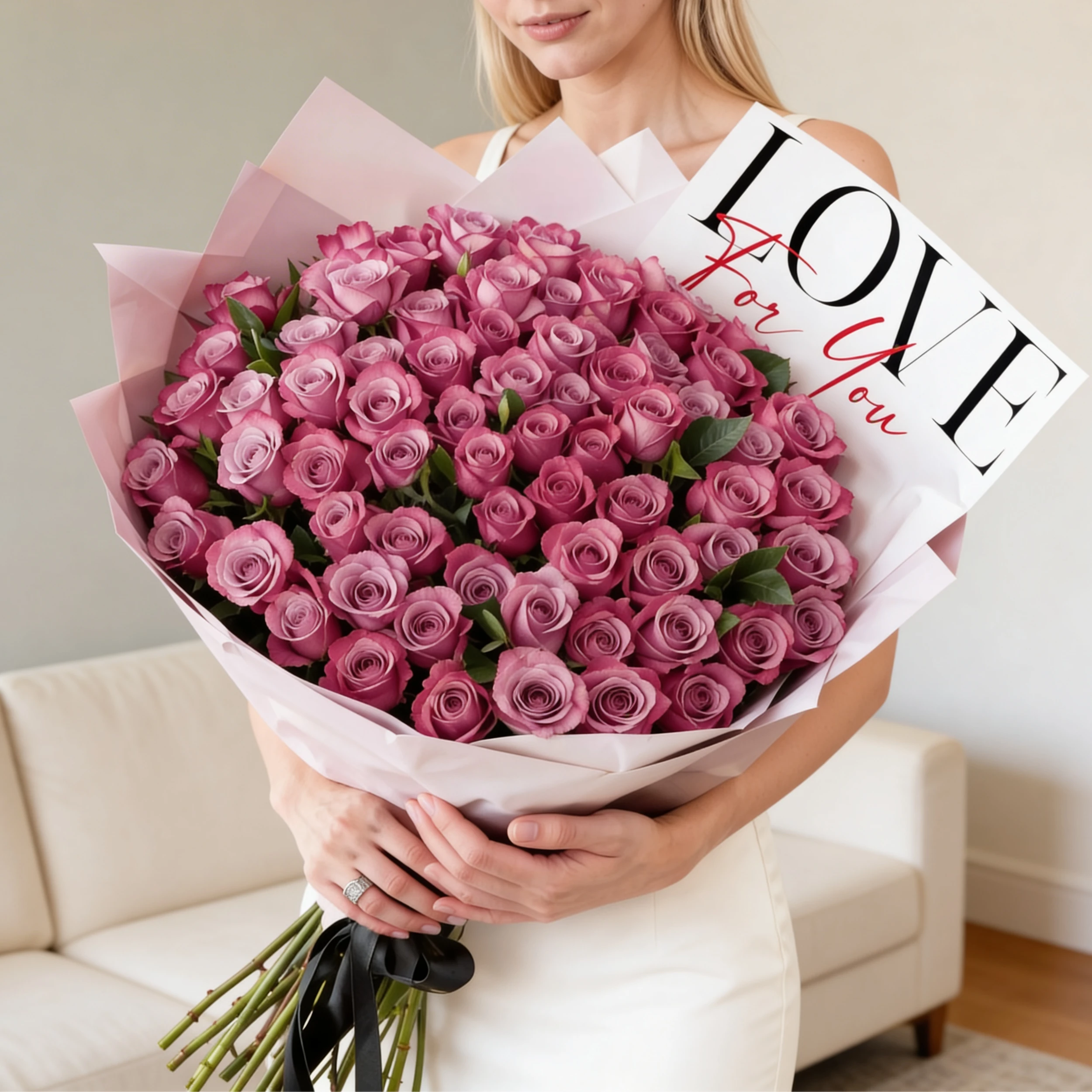 bouquet of 100 purple roses with green fillers,
