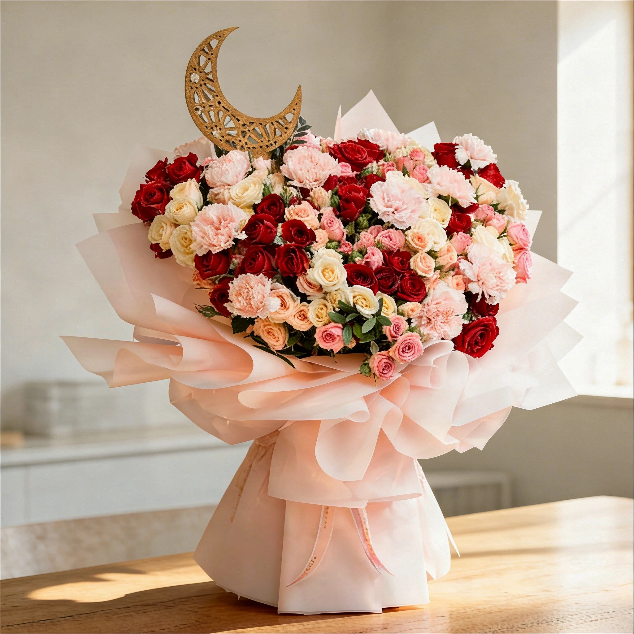 Moonlit bouquet with red, pink, and peach spray roses, pink carnations, and a gold crescent moon topper, wrapped in soft beige fabric – elegant Ramadan floral gift by UAE Flowers.