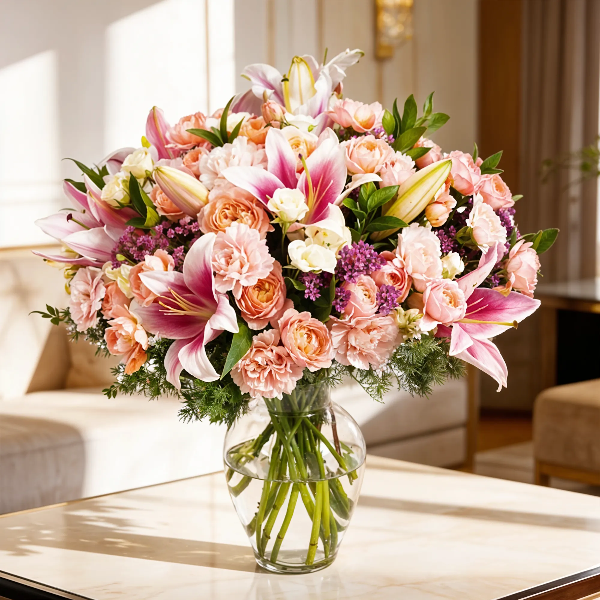 5 pink lilies, 8 pink carnations, 8 Juliette spray roses, and 2 white spray roses