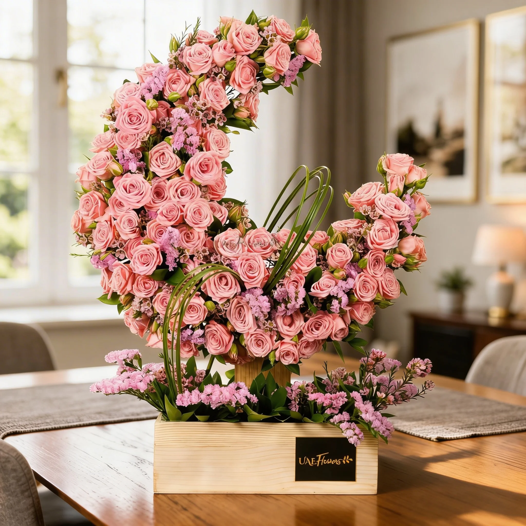 30 pink roses and 10 pink spray in a wooden box.