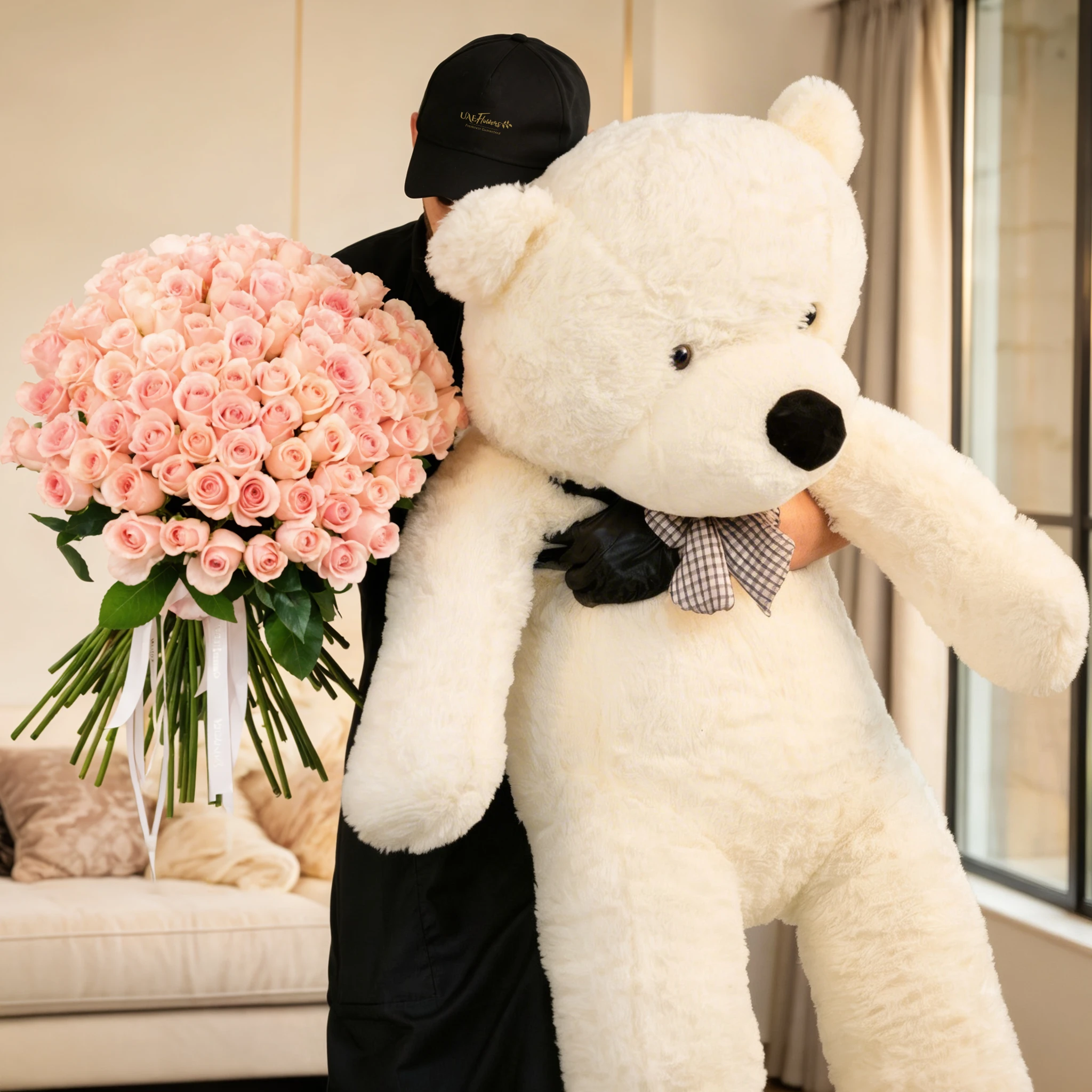 100 pink roses hand-tied with pink ribbons and a jumbo white teddy bear.