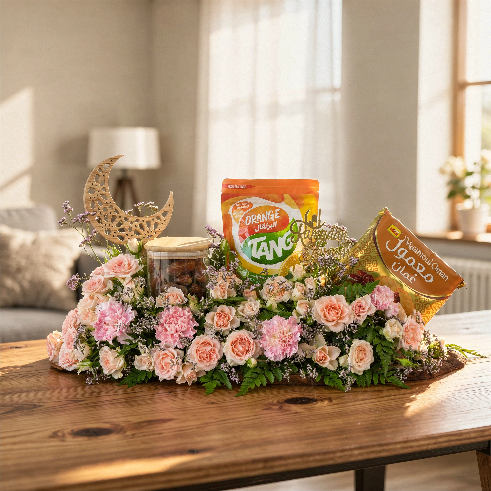 8 pink spray roses, 4 pink carnations, 300g dates, Tang, Maamoul biscuits, crescent display, and Kareem stand.