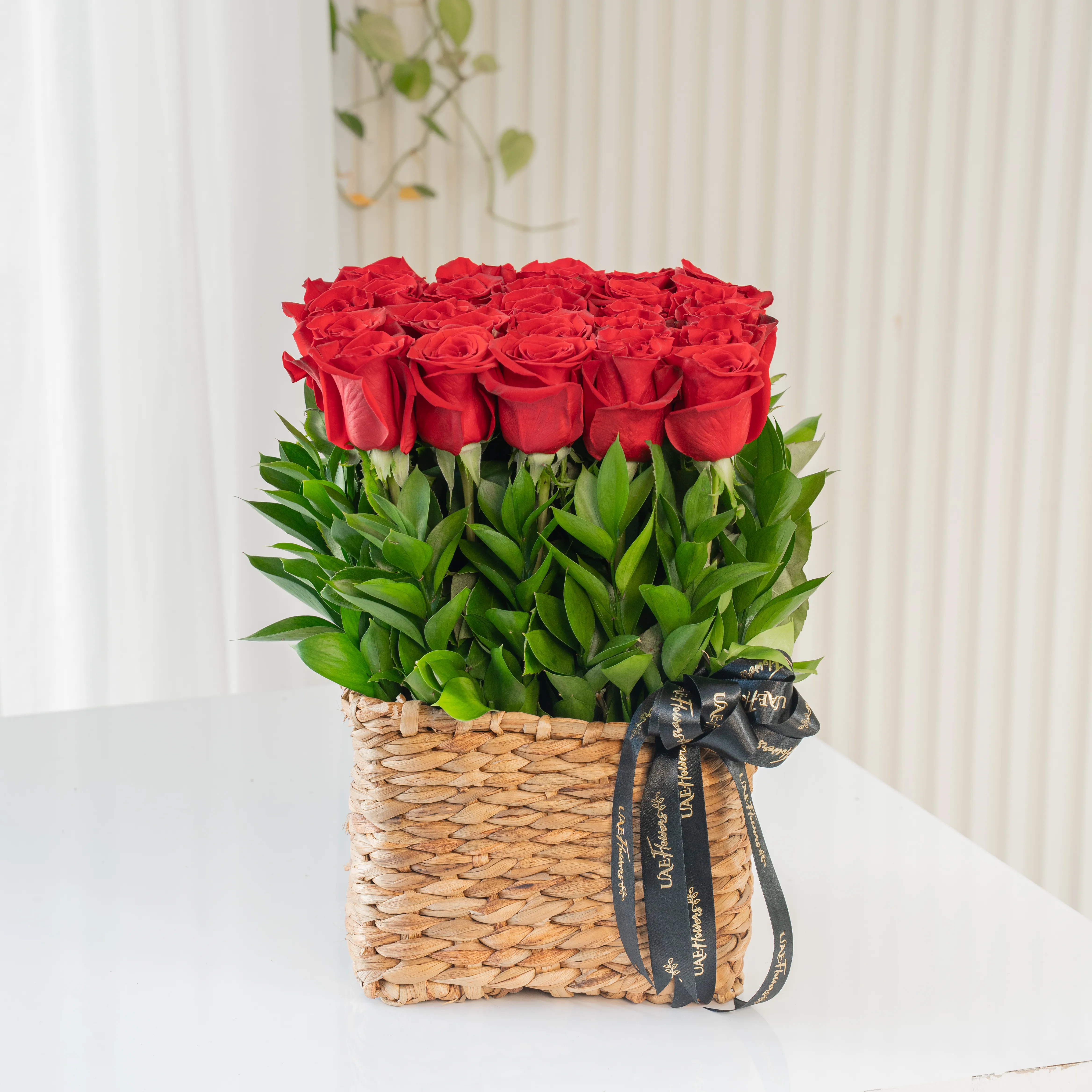 25 Red Roses in a Square Basket
