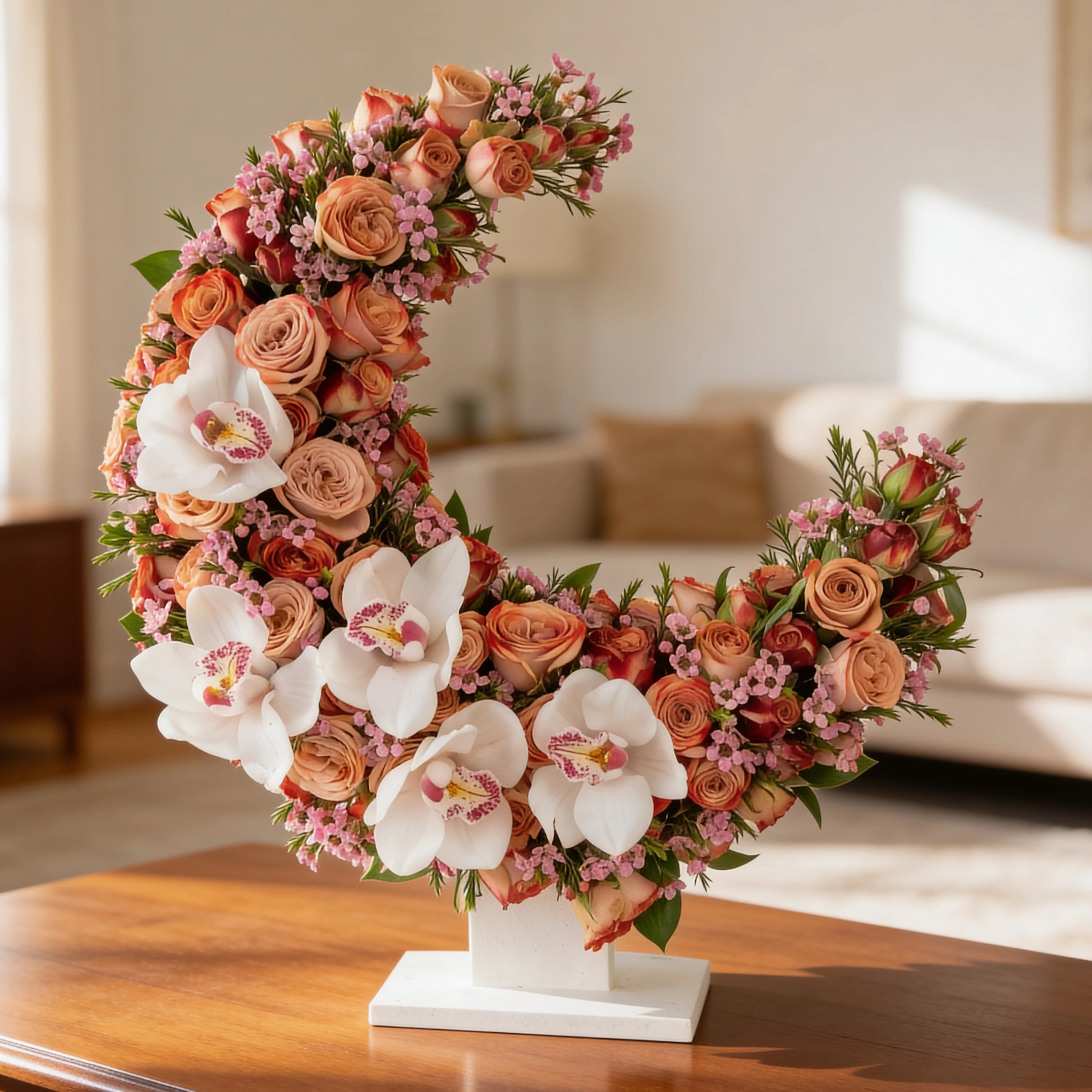 15 cappuccino spray roses, white cymbidium orchid, and wax flowers