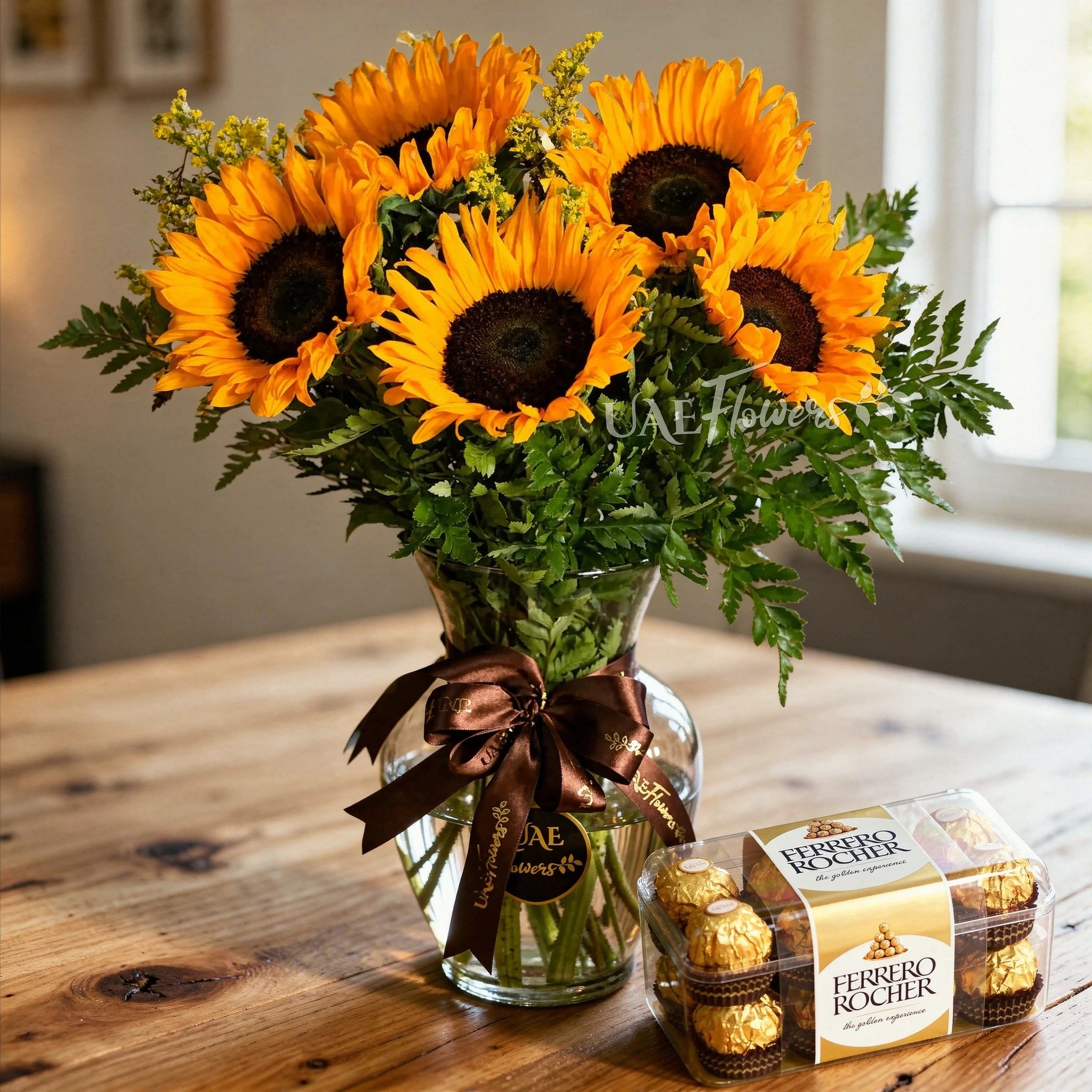 5 sunflower stems with fillers in a glass vase, paired with 16 pieces of Ferrero Rocher