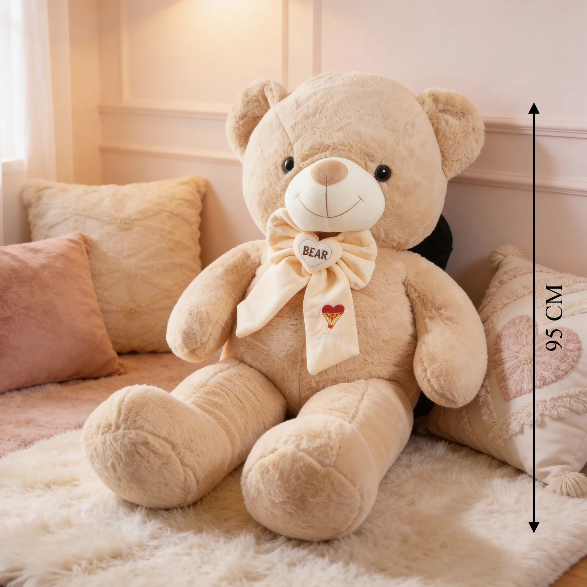 95 CM brown teddy bear sitting next to a woman on a sofa, offering warm and cuddly hugs. Perfect for gifts, birthdays, anniversaries, or romantic surprises.