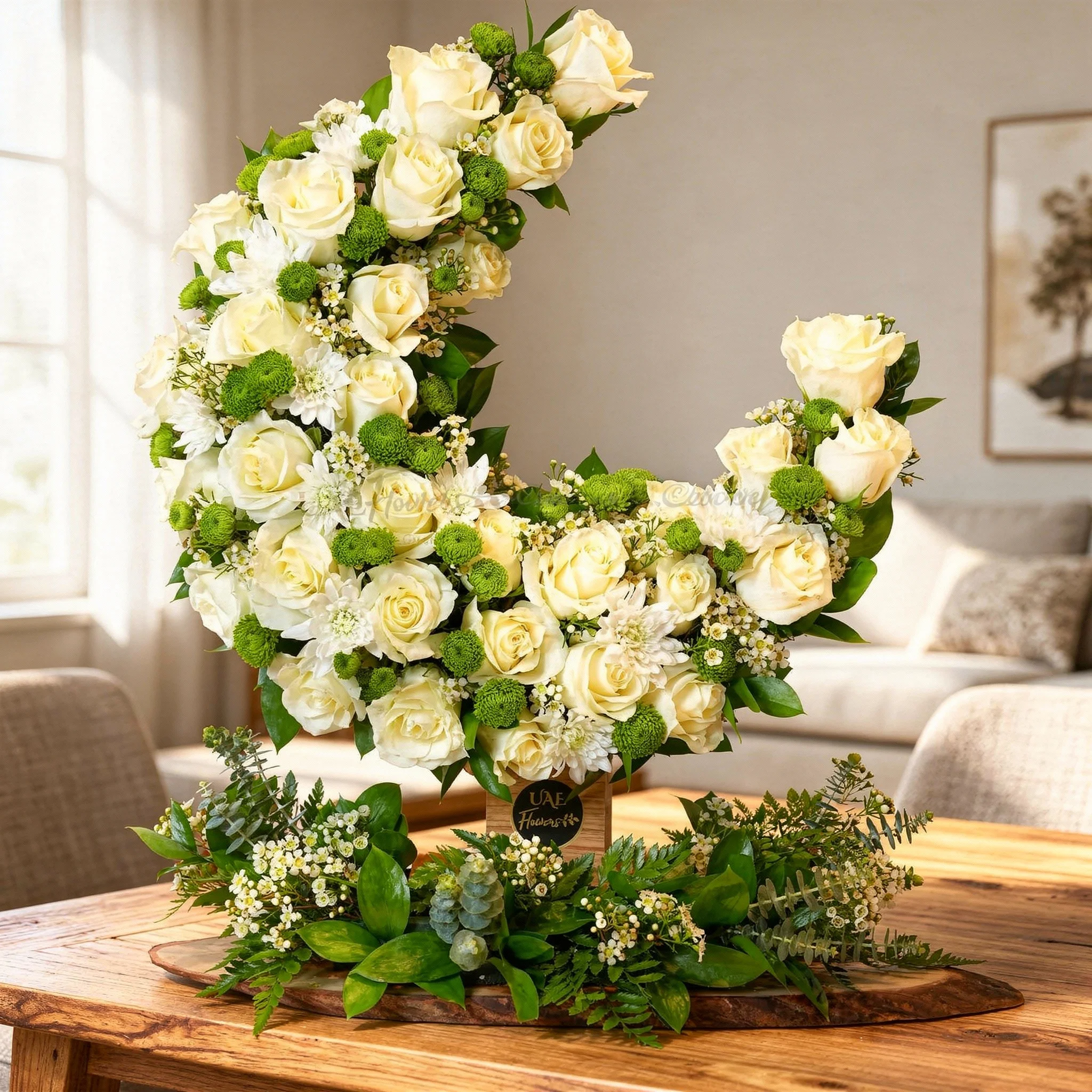 35 white roses and chrysanthemums arranged on a moon stand