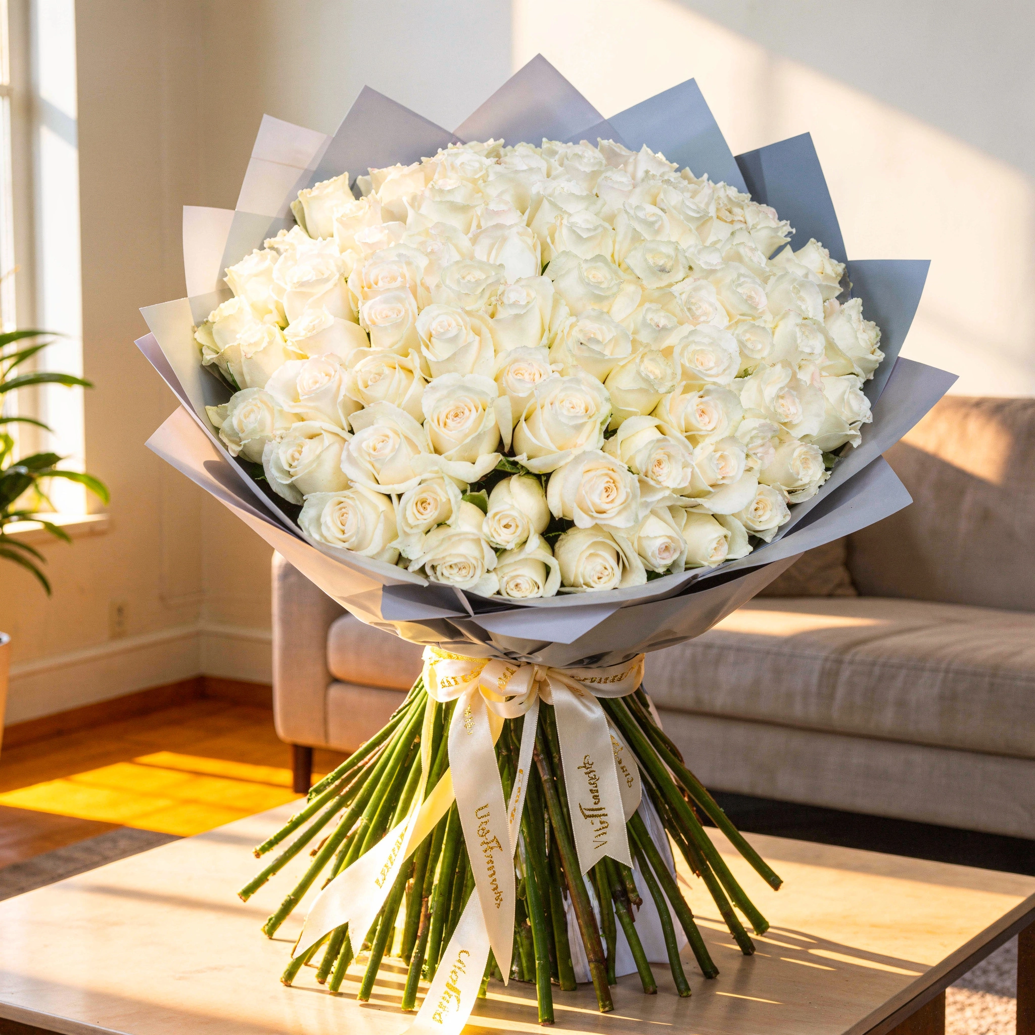 100 white roses bouquet