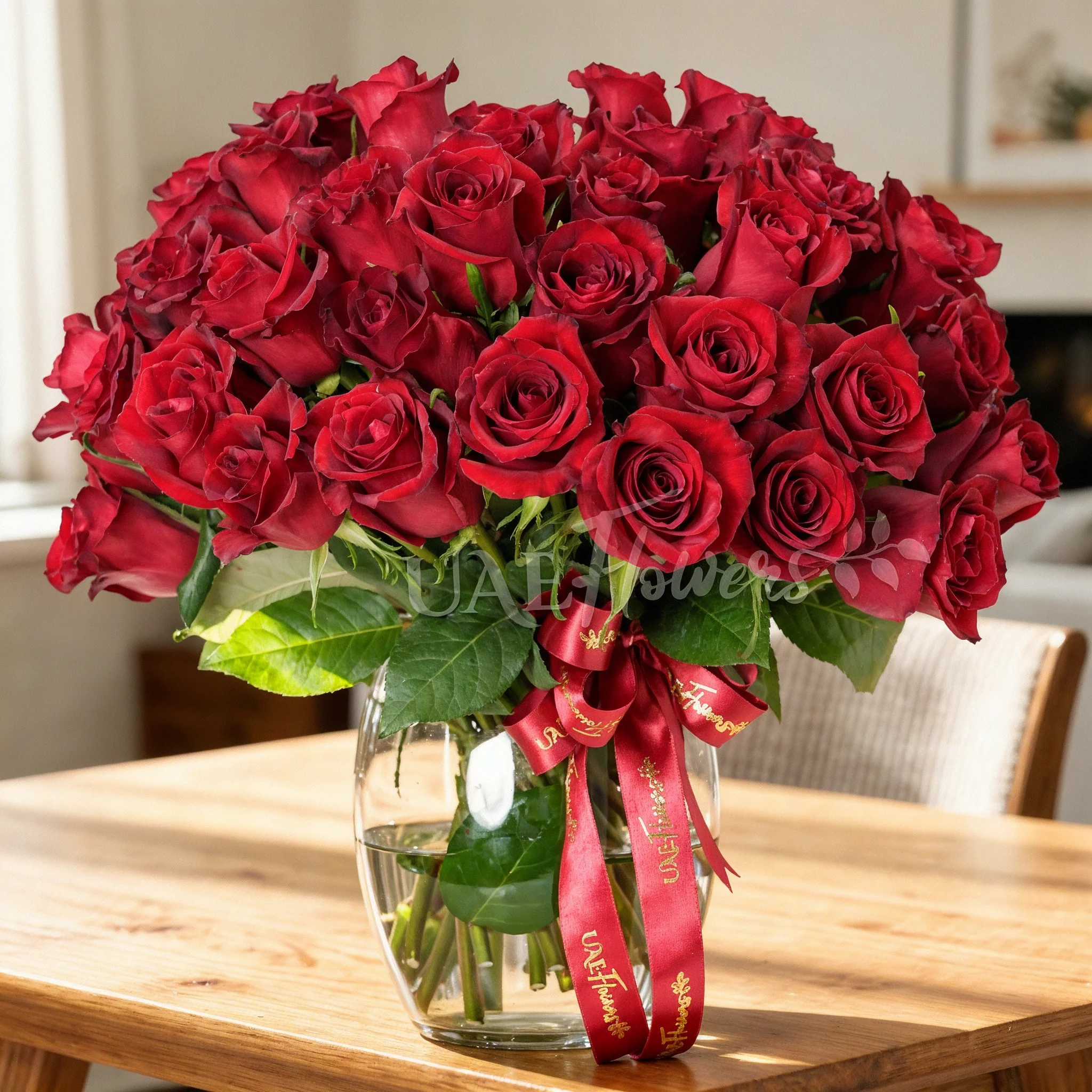 vase arrangement of 40 red roses with green fillers