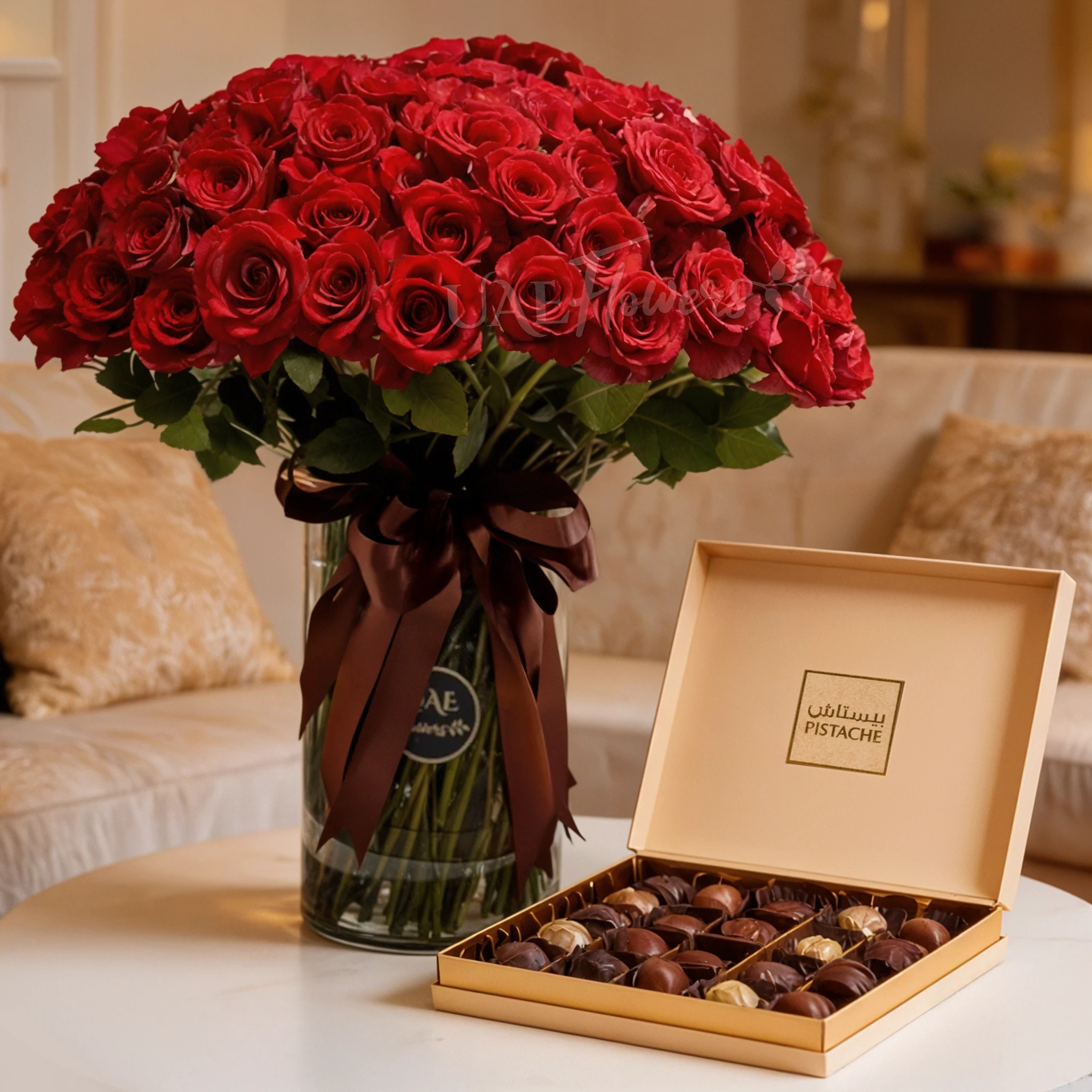 100 red roses with green fillers in glass vase and 49 Pcs Pistache Luxe Masterpiece Chocolate Box.