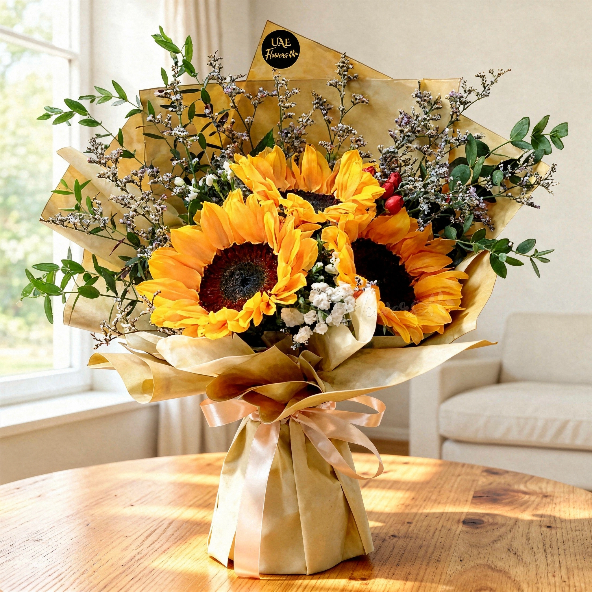 A bouquet of 3 sunflowers with fillers in brown wrapping paper tied with brown ribbon