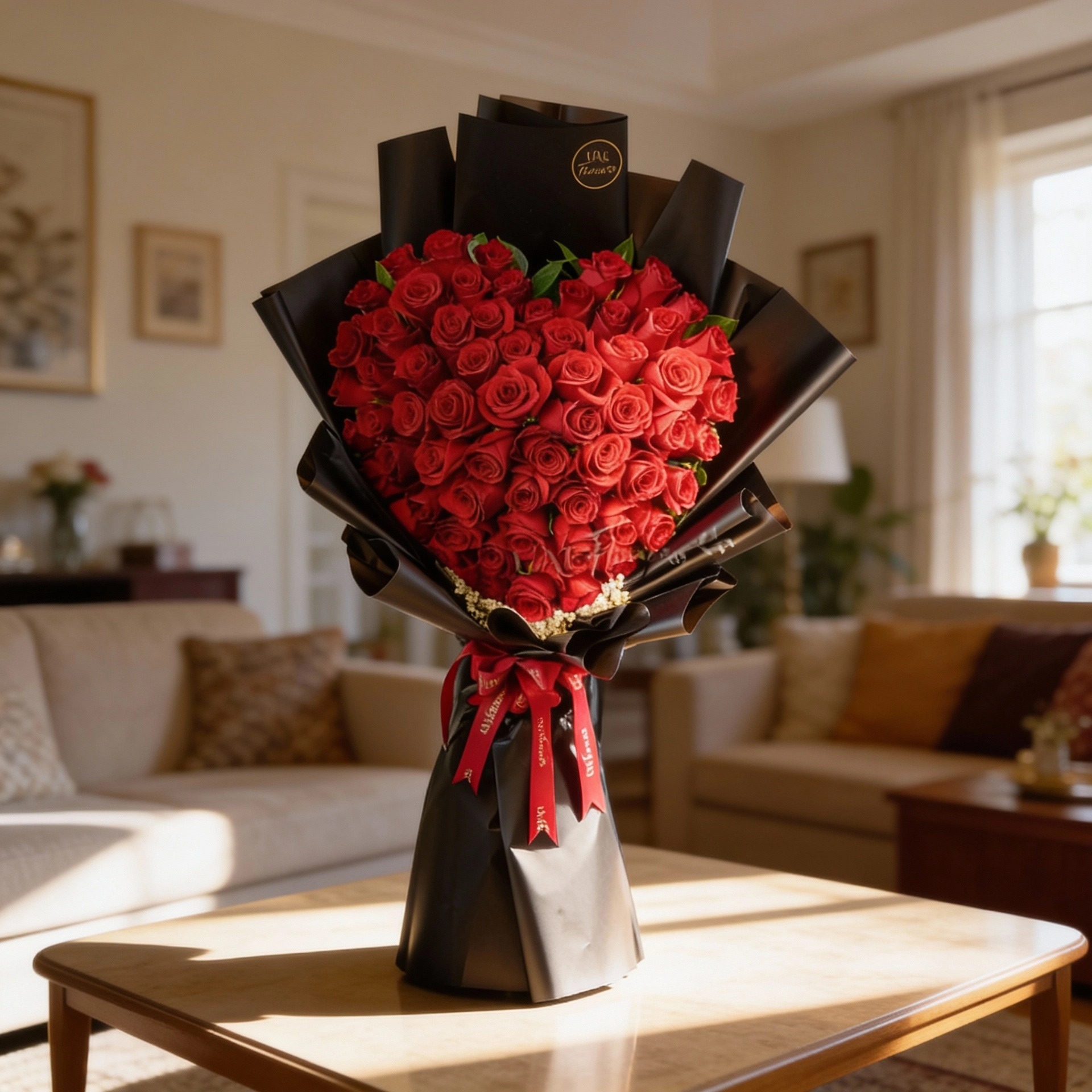 bouquet of 50 red roses in heart shape with baby's breath fillers