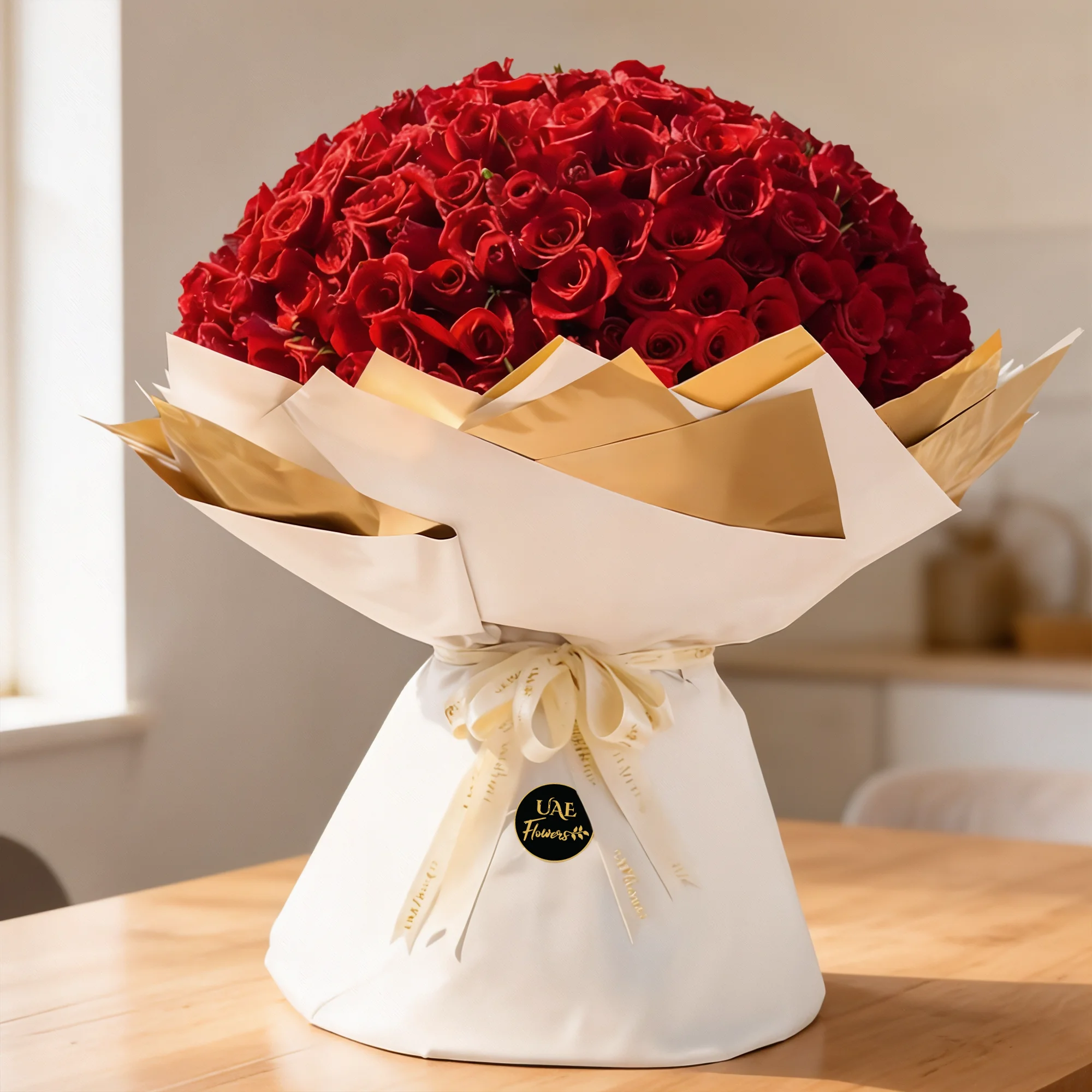 A bouquet of 300 red roses in white wrapping paper tied with white ribbon