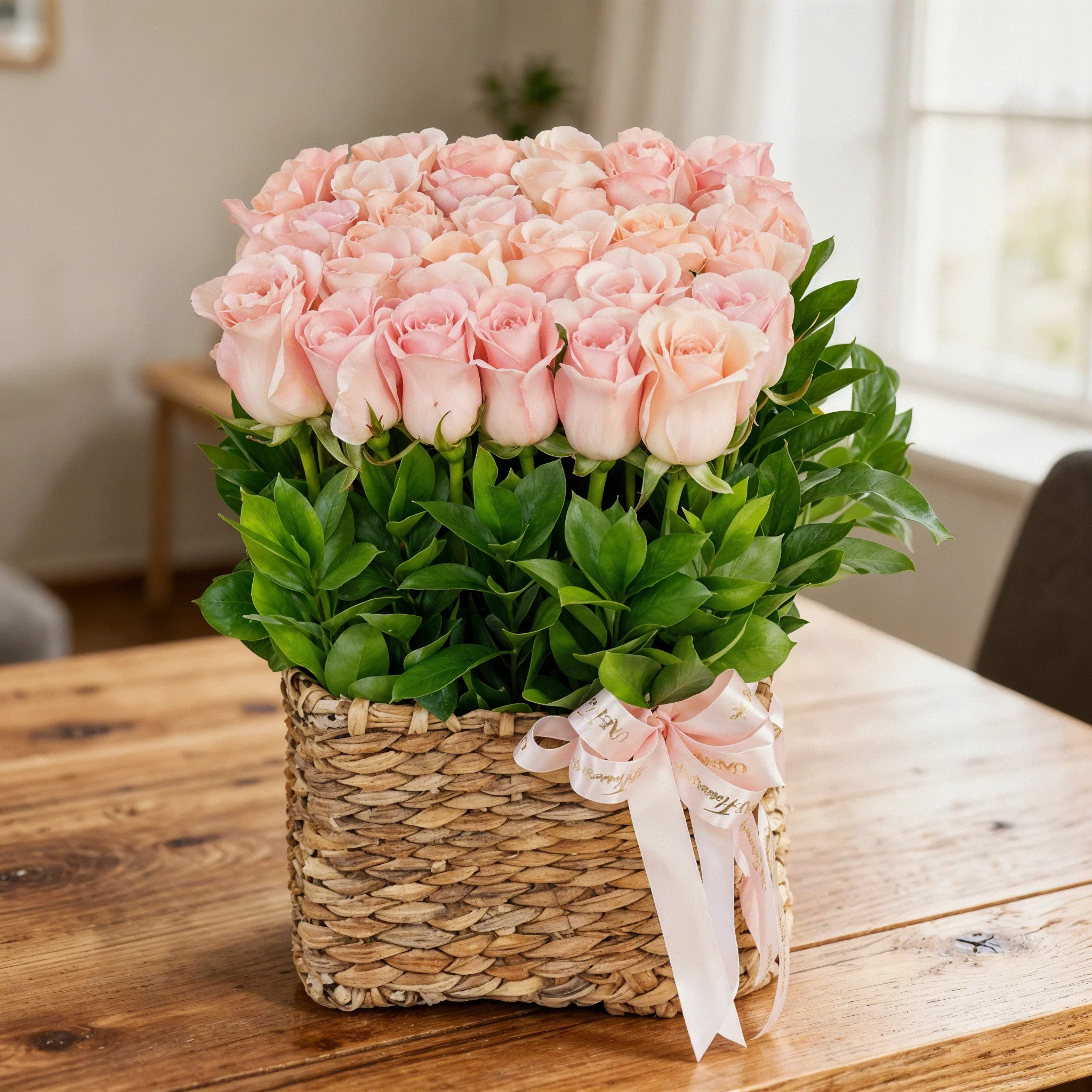 36 pink roses with green fillers in a basket.