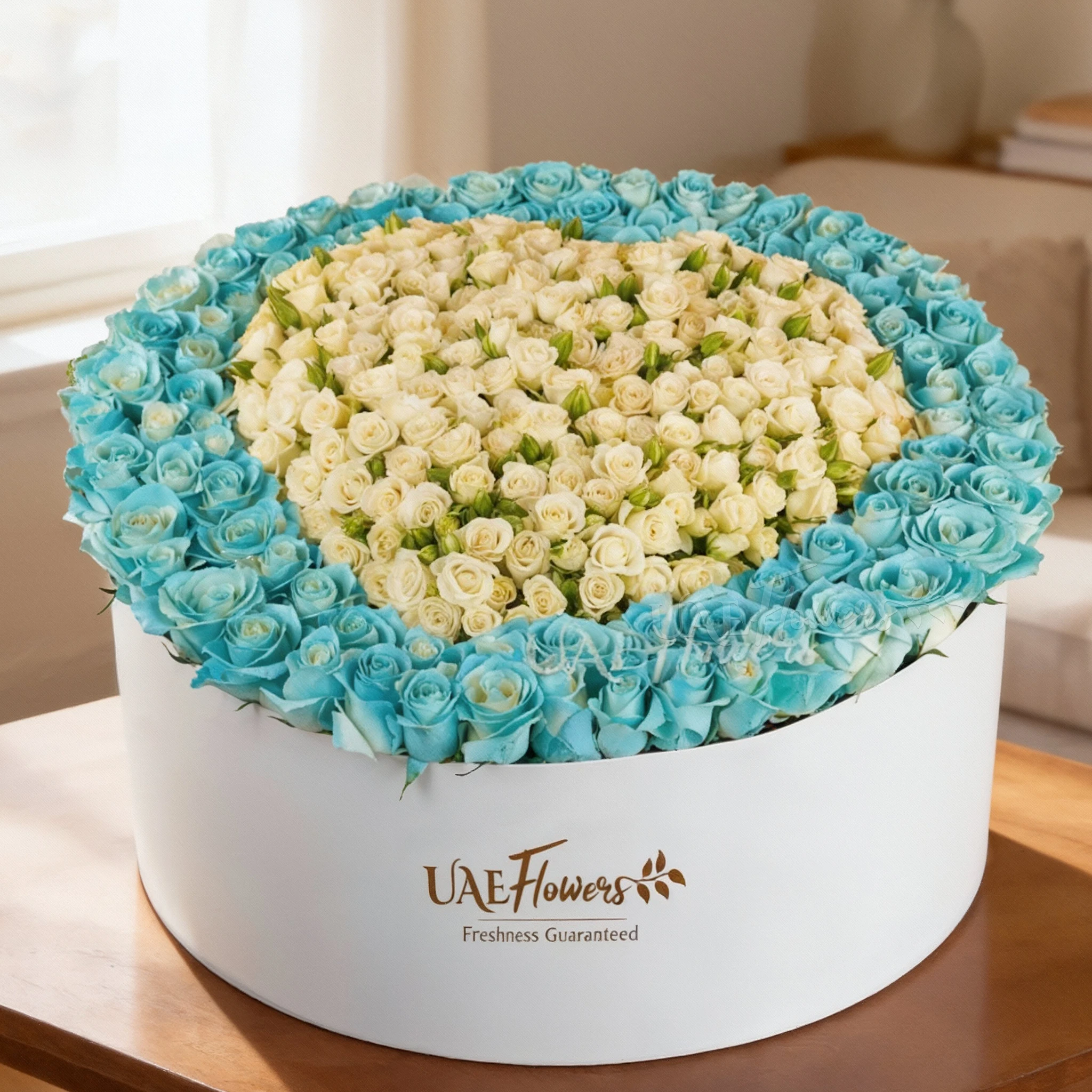 150 blue roses and 50 white spray roses