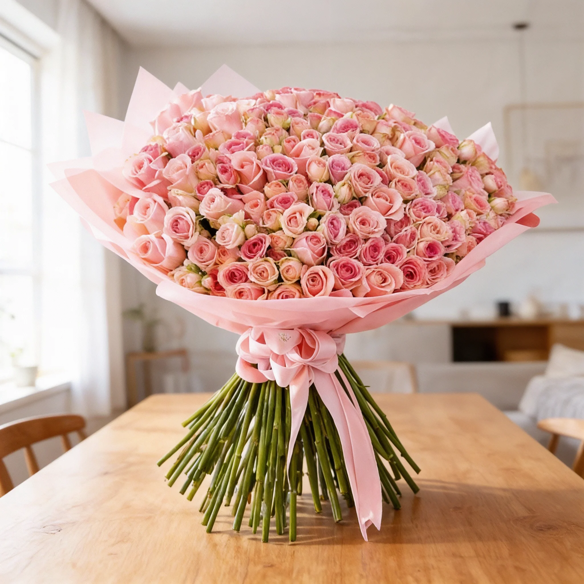 200 pink spray roses bouquet in blush wrapping
