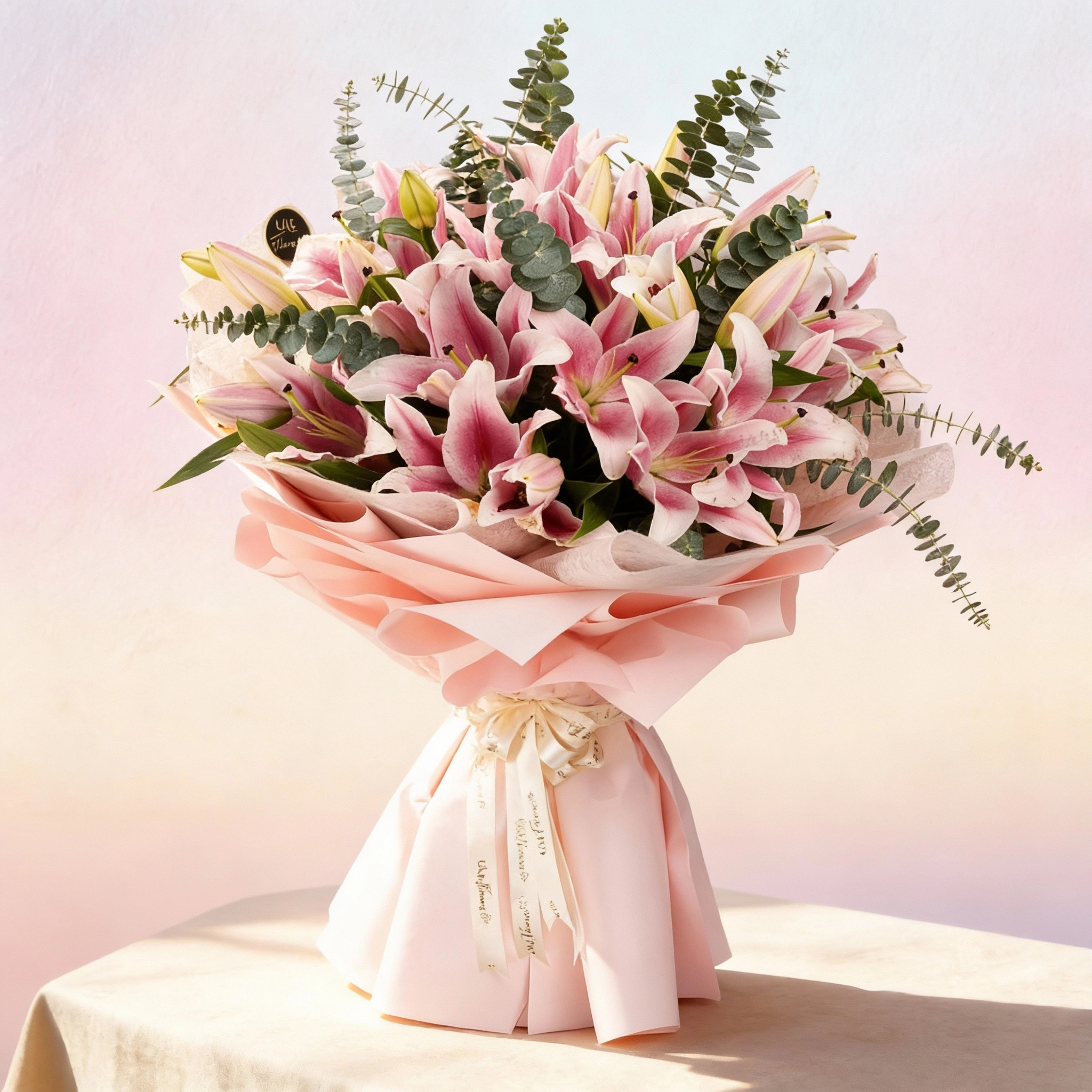 A bouquet of 10 pink lilies with eucalyptus leaves and green fillers in pink wrapping paper tied with pink ribbon